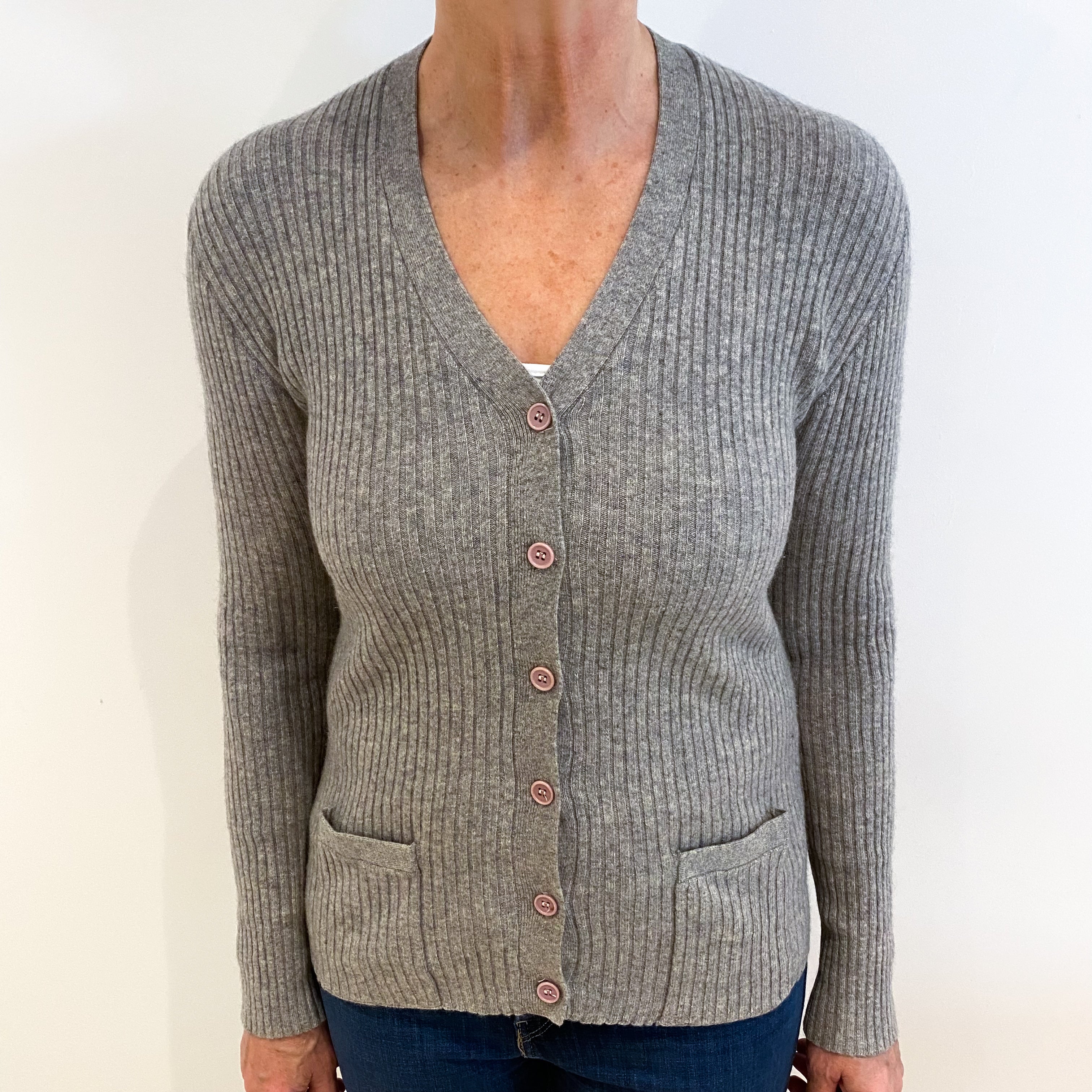 Smoke Grey Rib Cashmere V Neck Cardigan with Pockets Medium