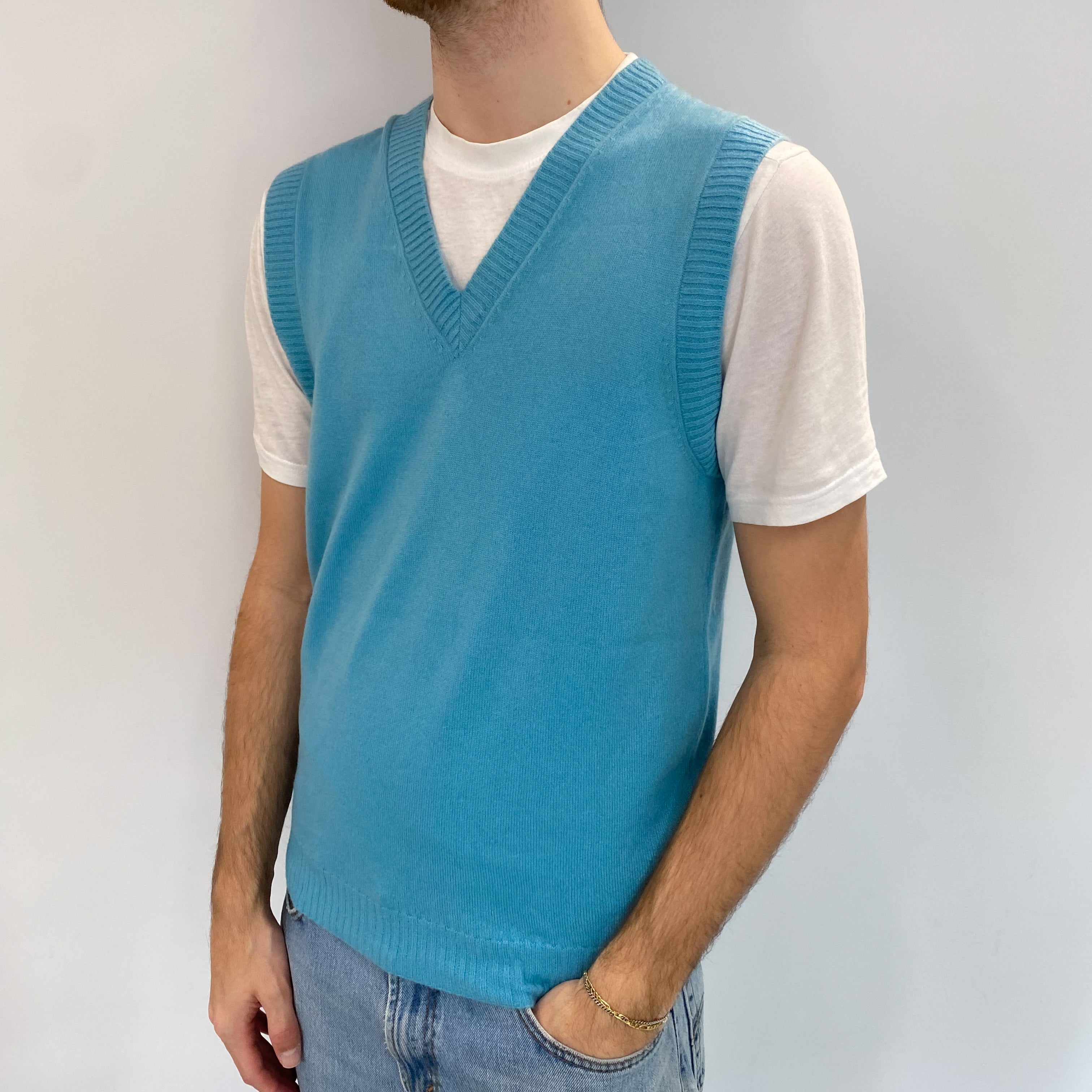 Men's Aqua Blue Cashmere V Neck Tank Top Medium