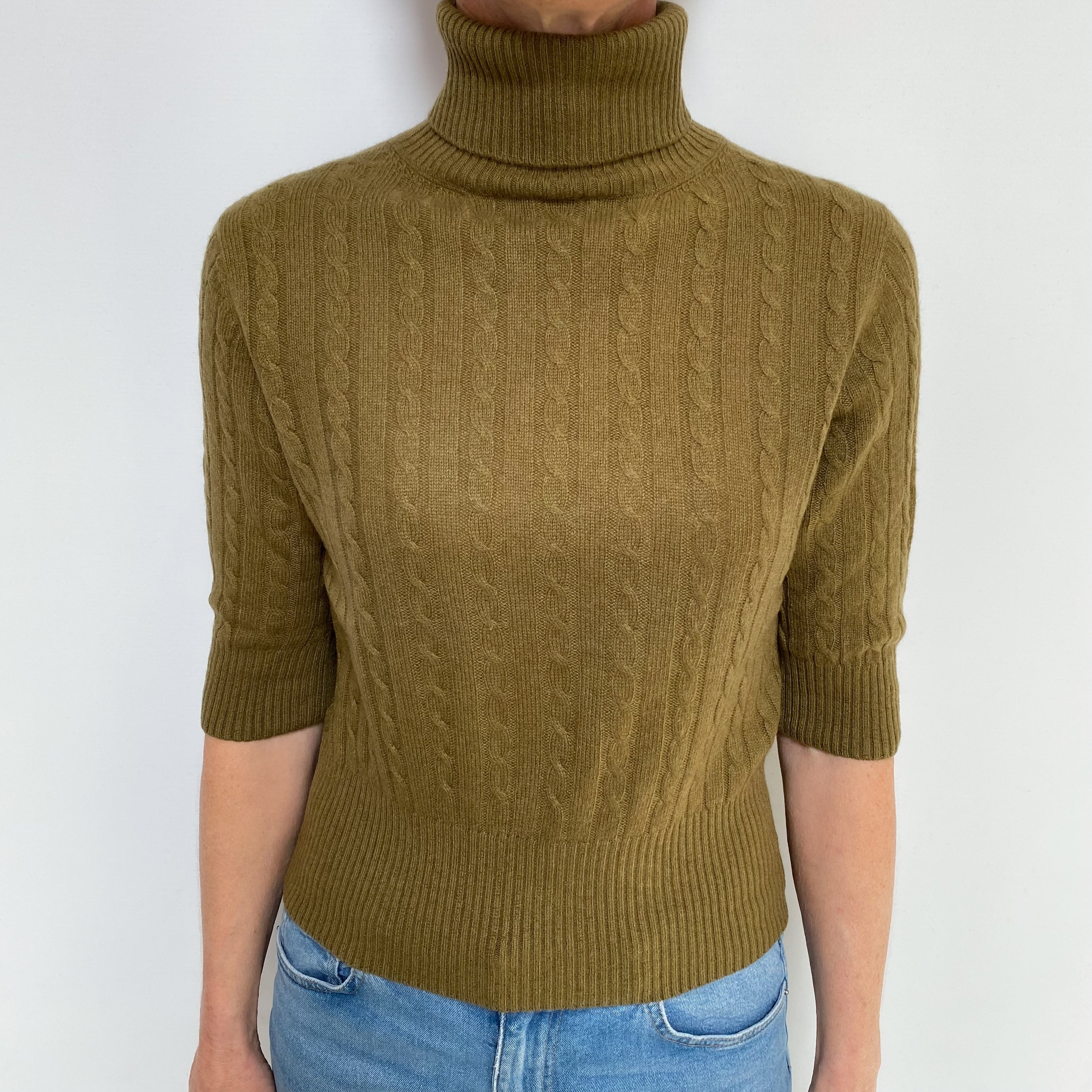 Army Green Cashmere Polo Neck  Short Sleeved Jumper Small