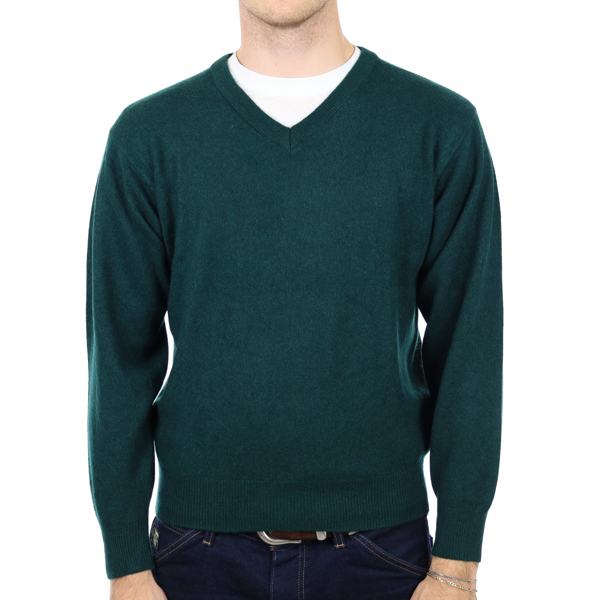 Men's Pine Green Cashmere V Neck Jumper Medium
