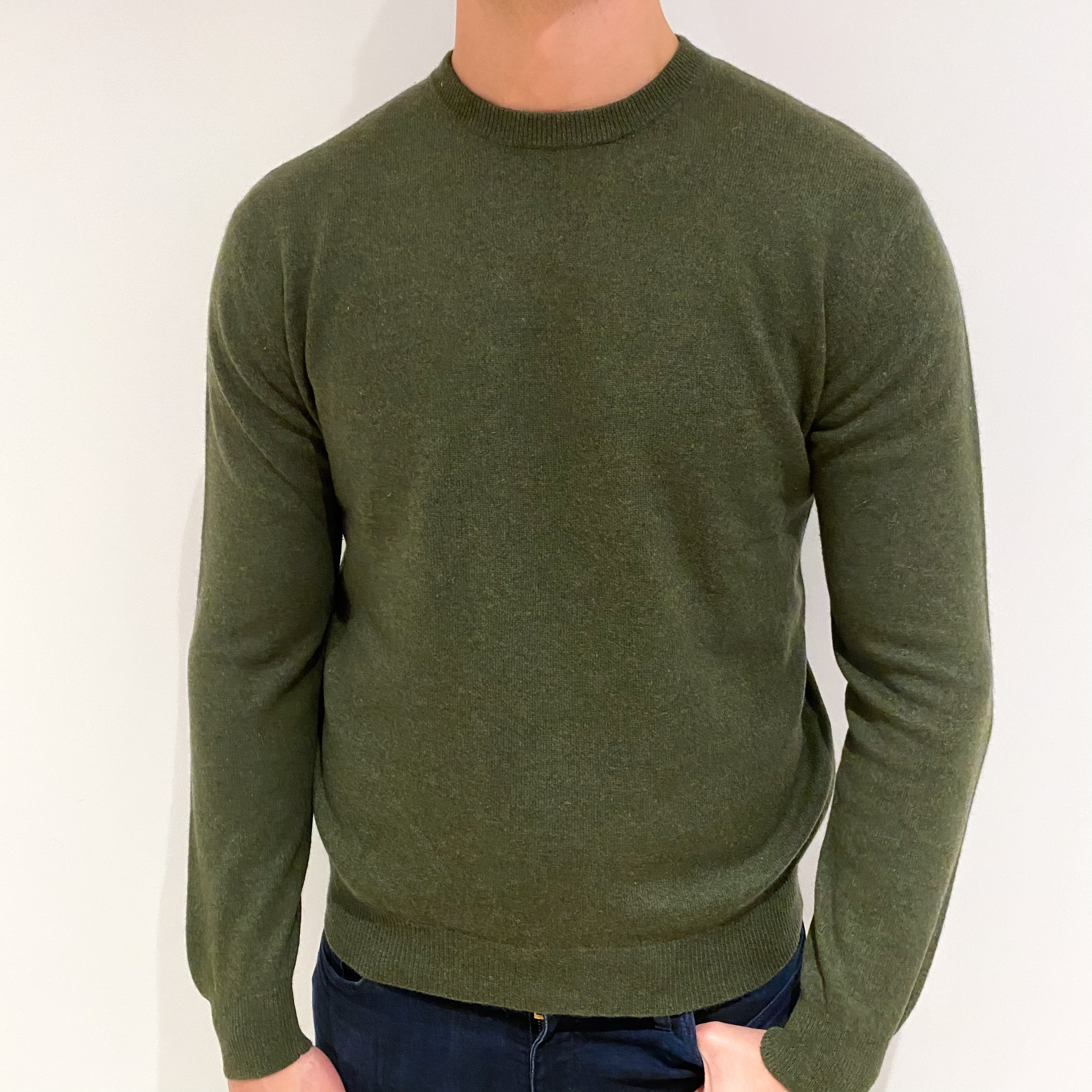 Men's Deep Khaki Green Cashmere Crew Neck Jumper XL