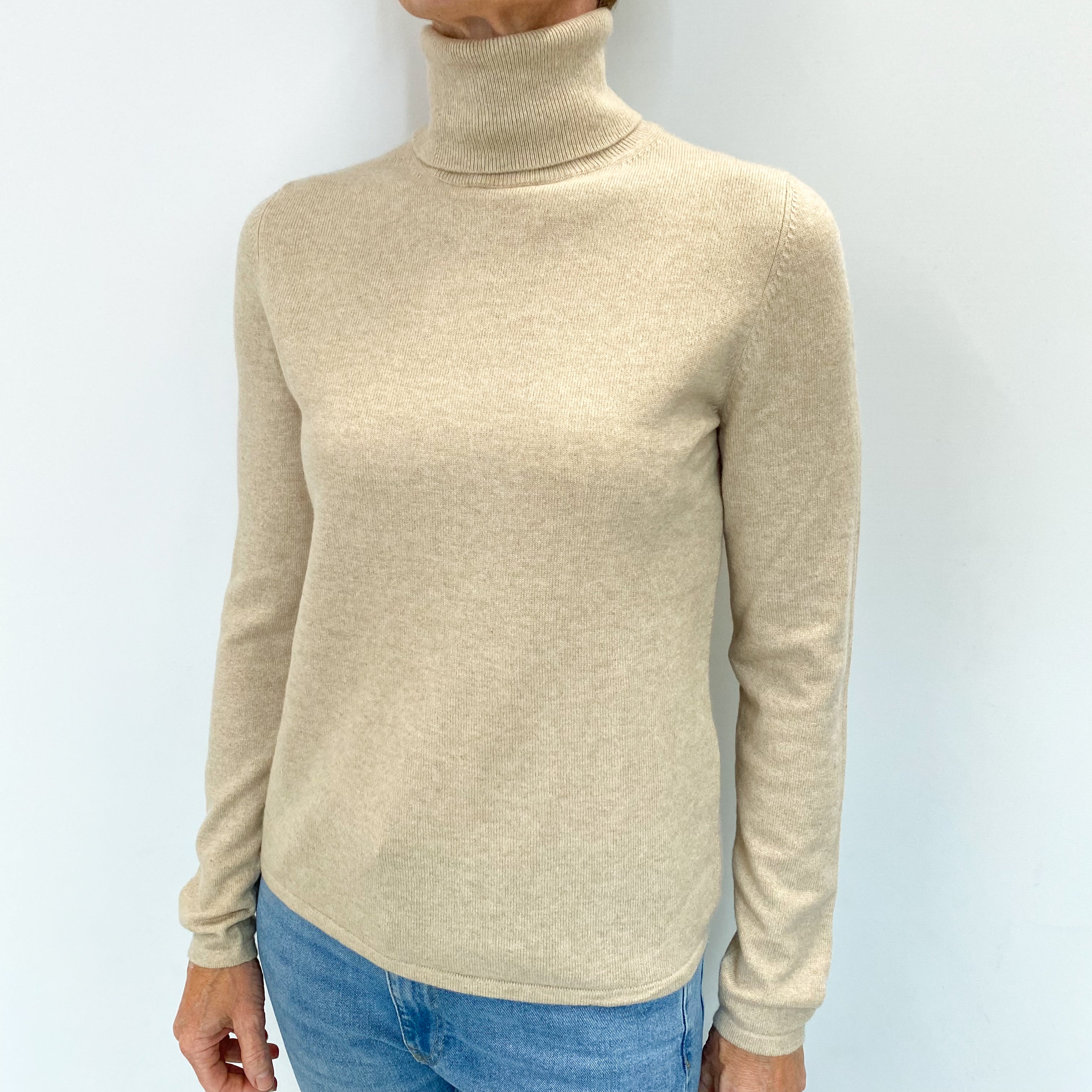 Oatmeal Beige Cashmere Polo Neck Jumper Small