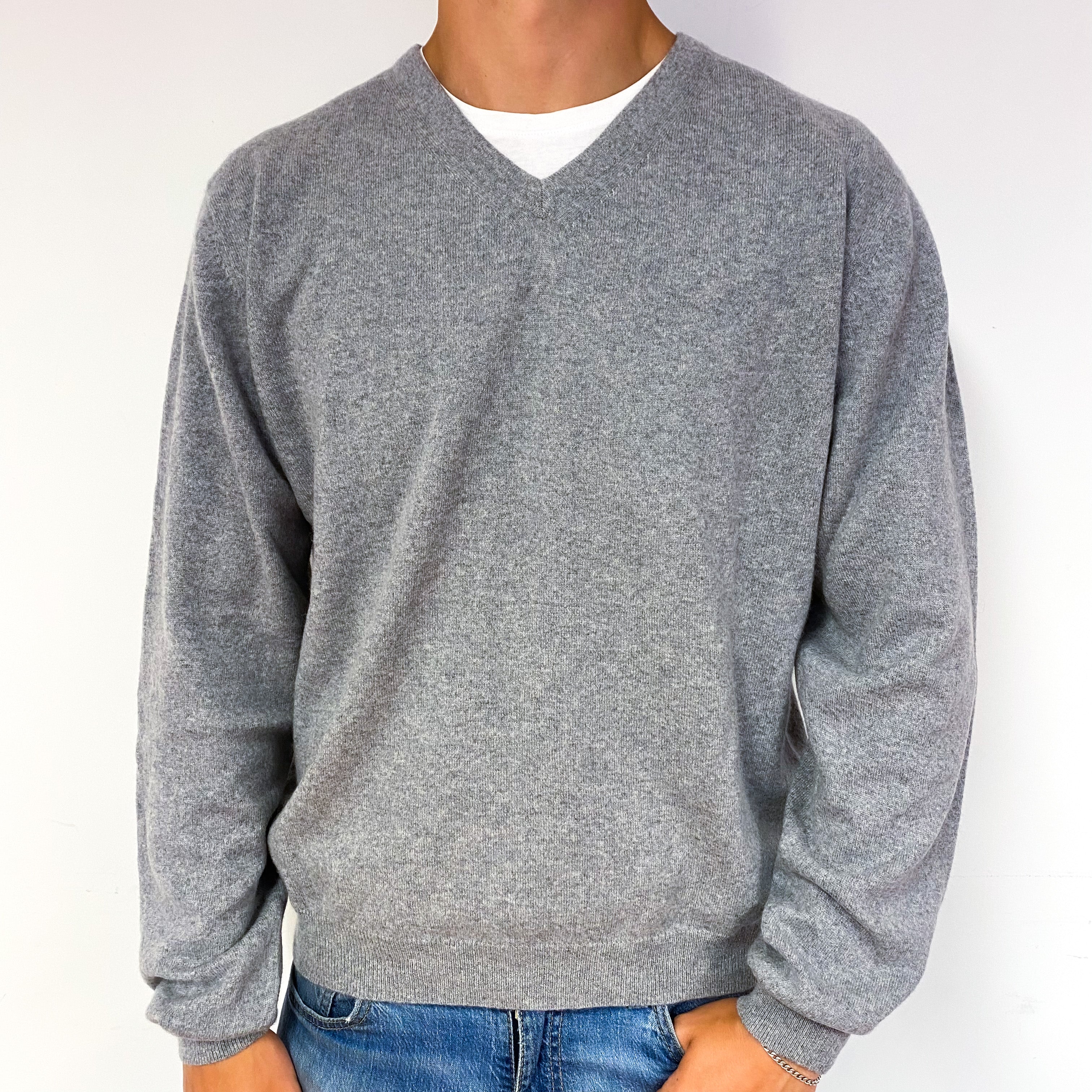Men's Ash Grey Cashmere V-Neck Jumper Extra Extra Large
