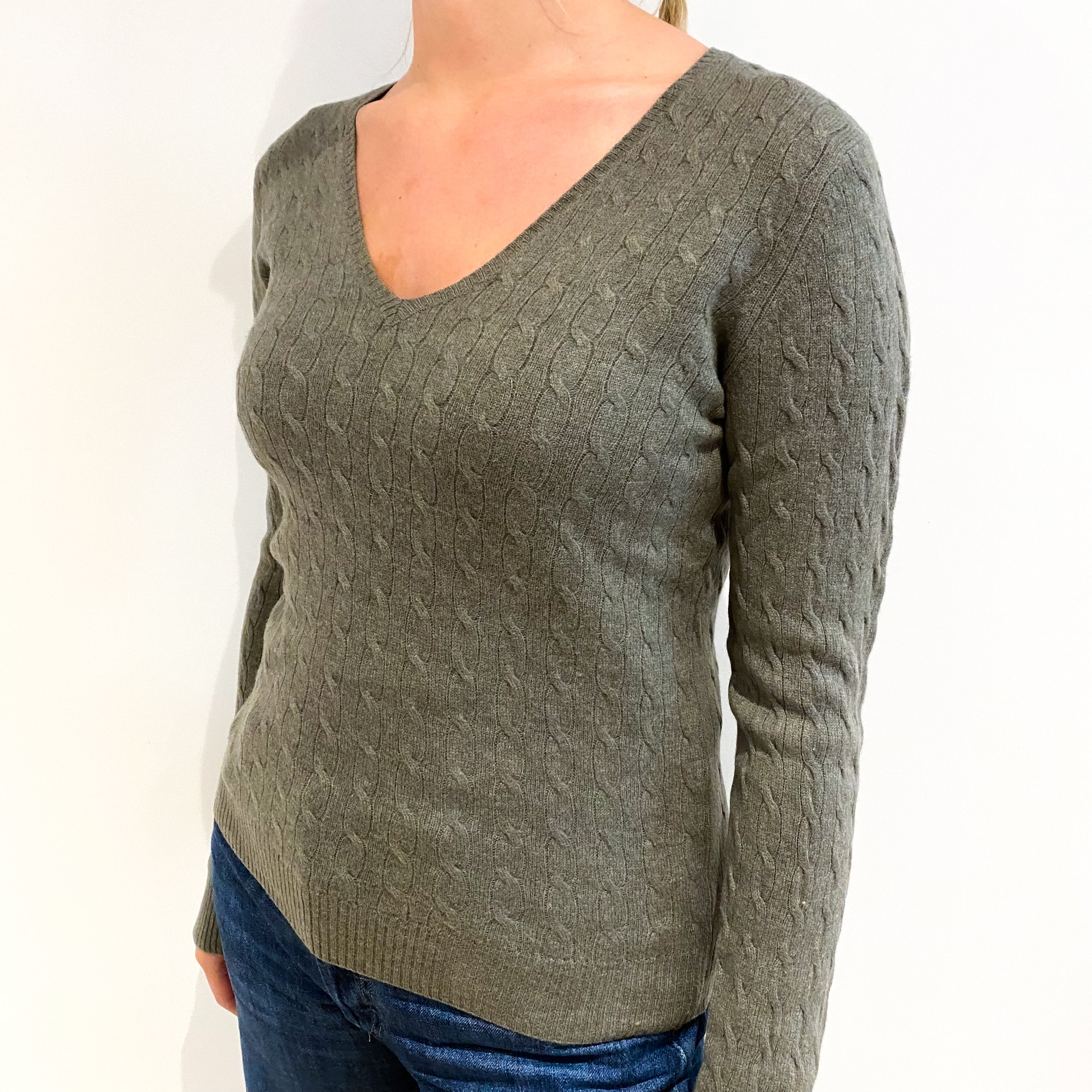Olive Green Cable Cashmere V Neck Jumper Small