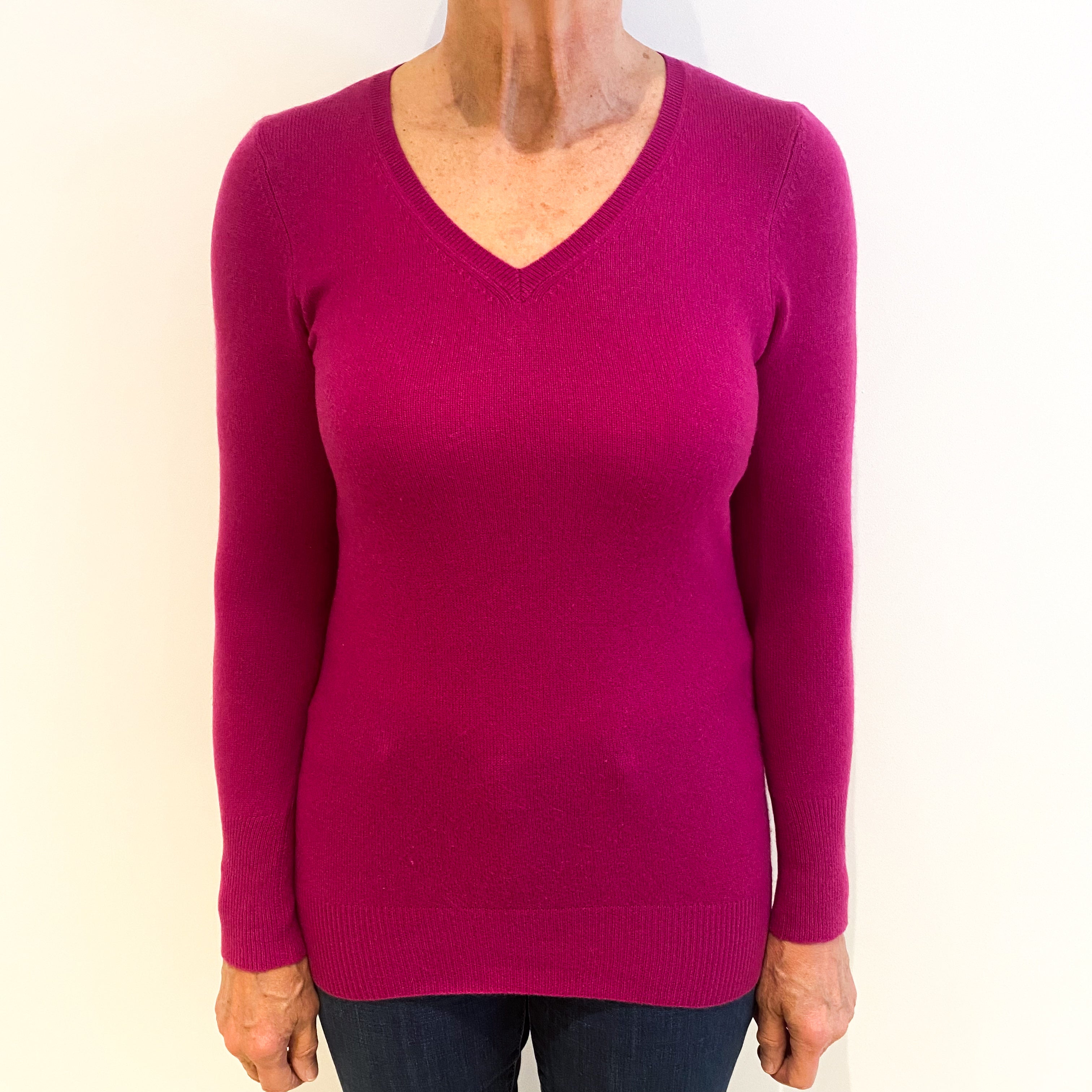Fuchsia Pink Cashmere V Neck Jumper Medium