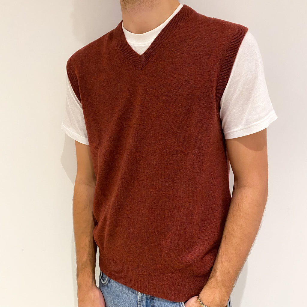 Men's Rust Red Cashmere V Neck Tank Top Large