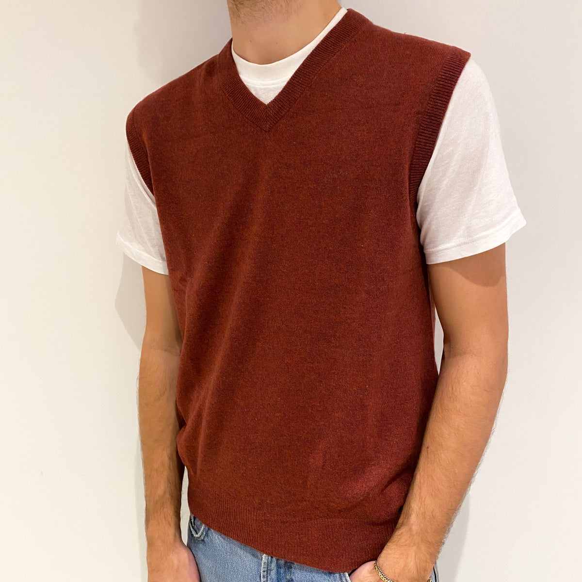 Men's Rust Red Cashmere V Neck Tank Top Large