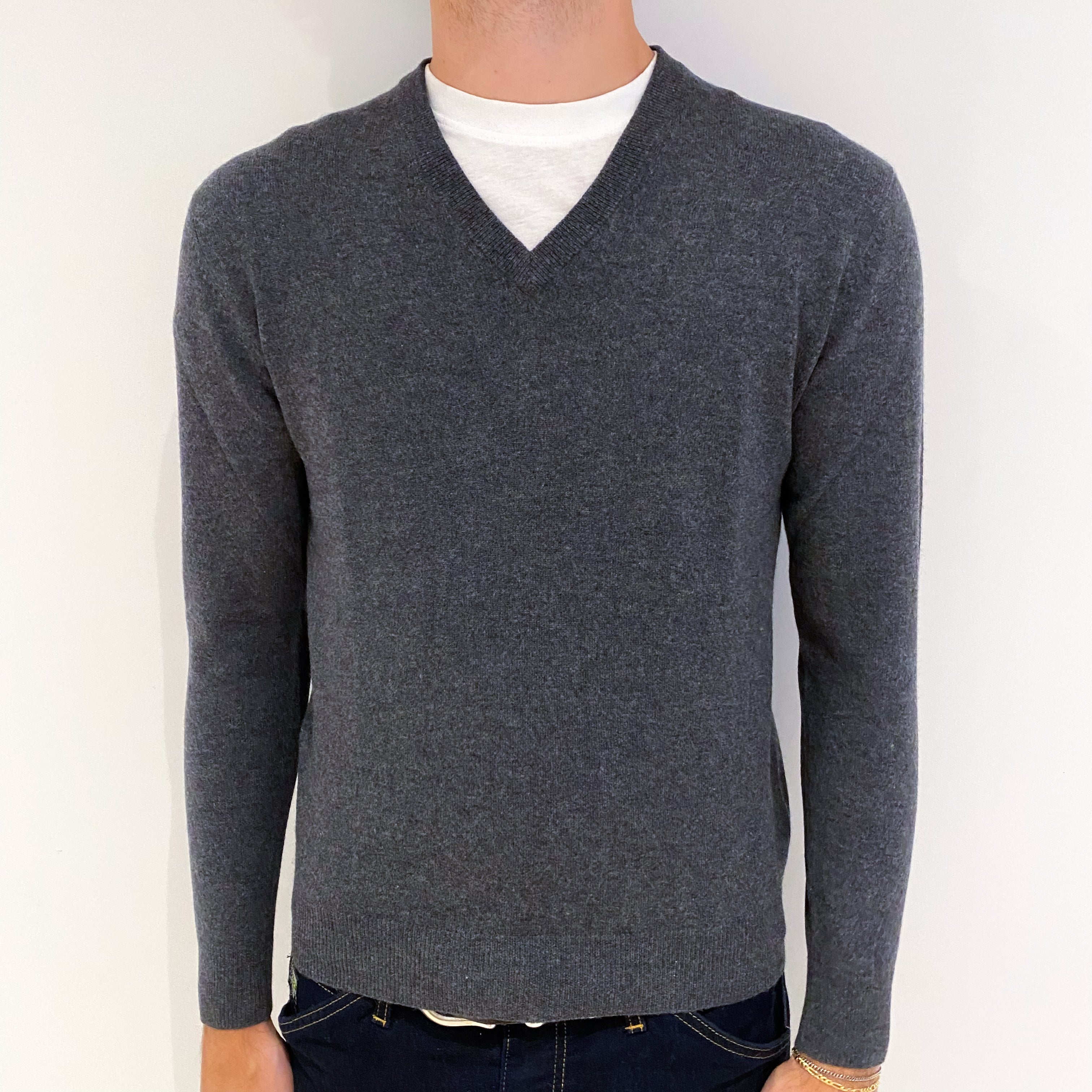 Men's Slate Grey Cashmere V-Neck Jumper Medium