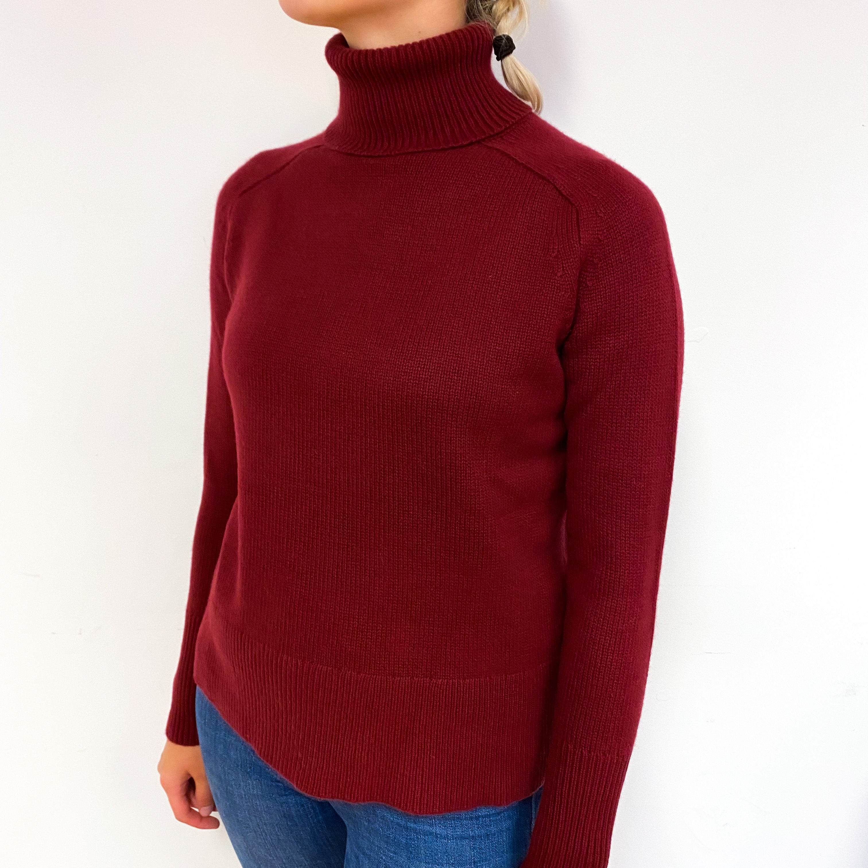 Garnet Red Heavy Knit Cashmere Polo Neck Jumper Small