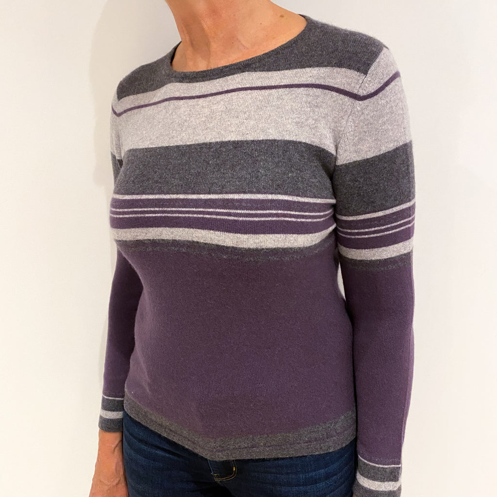 Grey and Purple Stripe Cashmere Crew Neck Jumper Medium