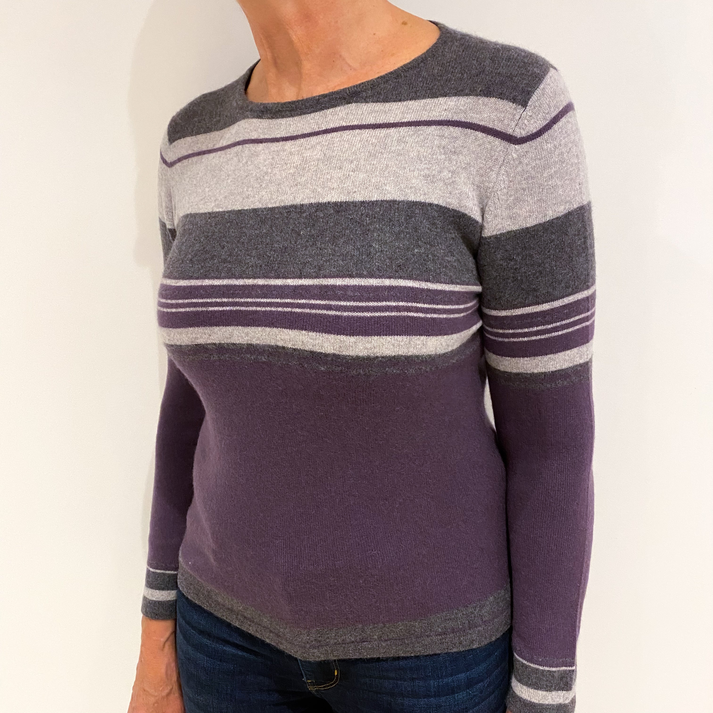 Grey and Purple Stripe Cashmere Crew Neck Jumper Medium