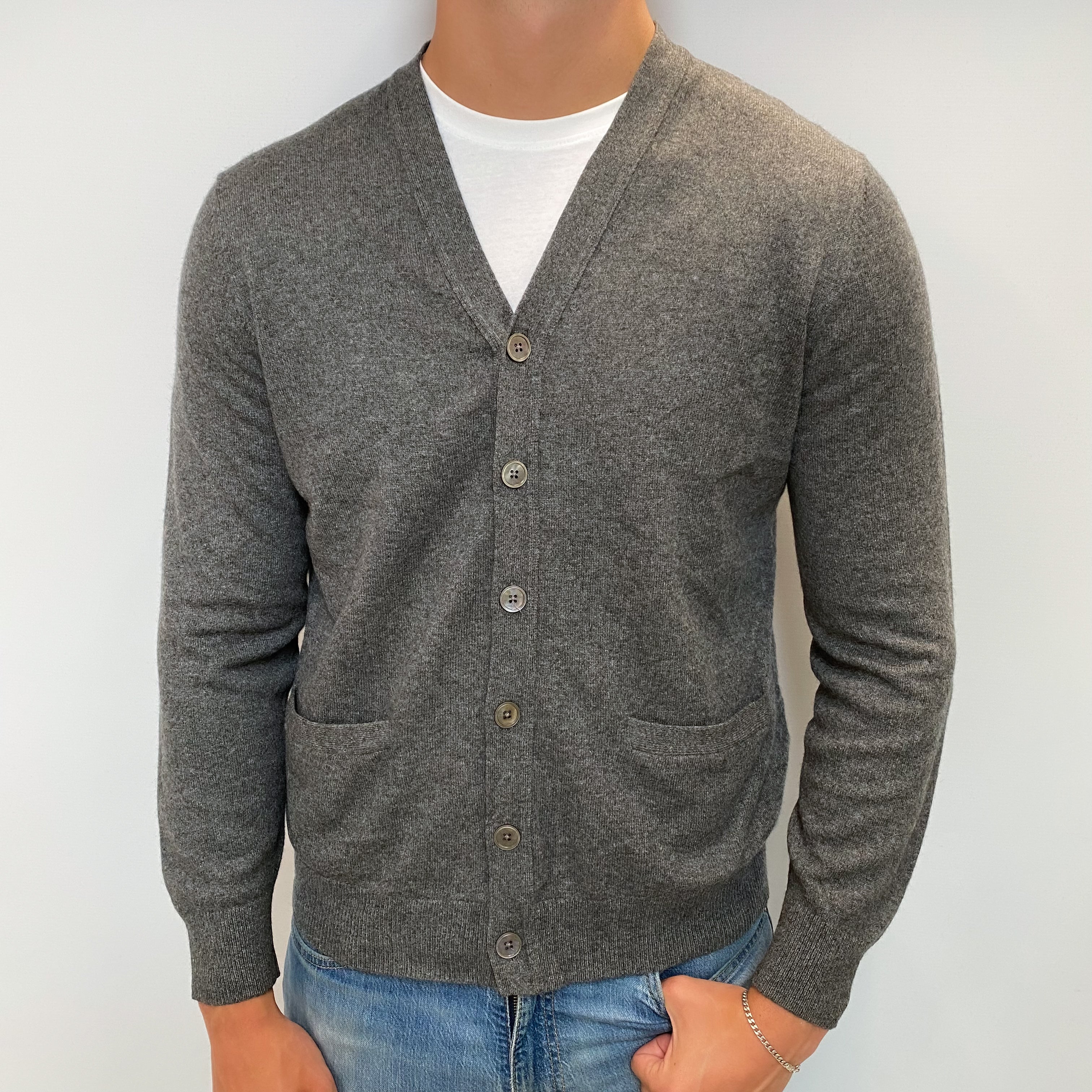 Men's Slate Grey Cashmere V Neck Cardigan XL