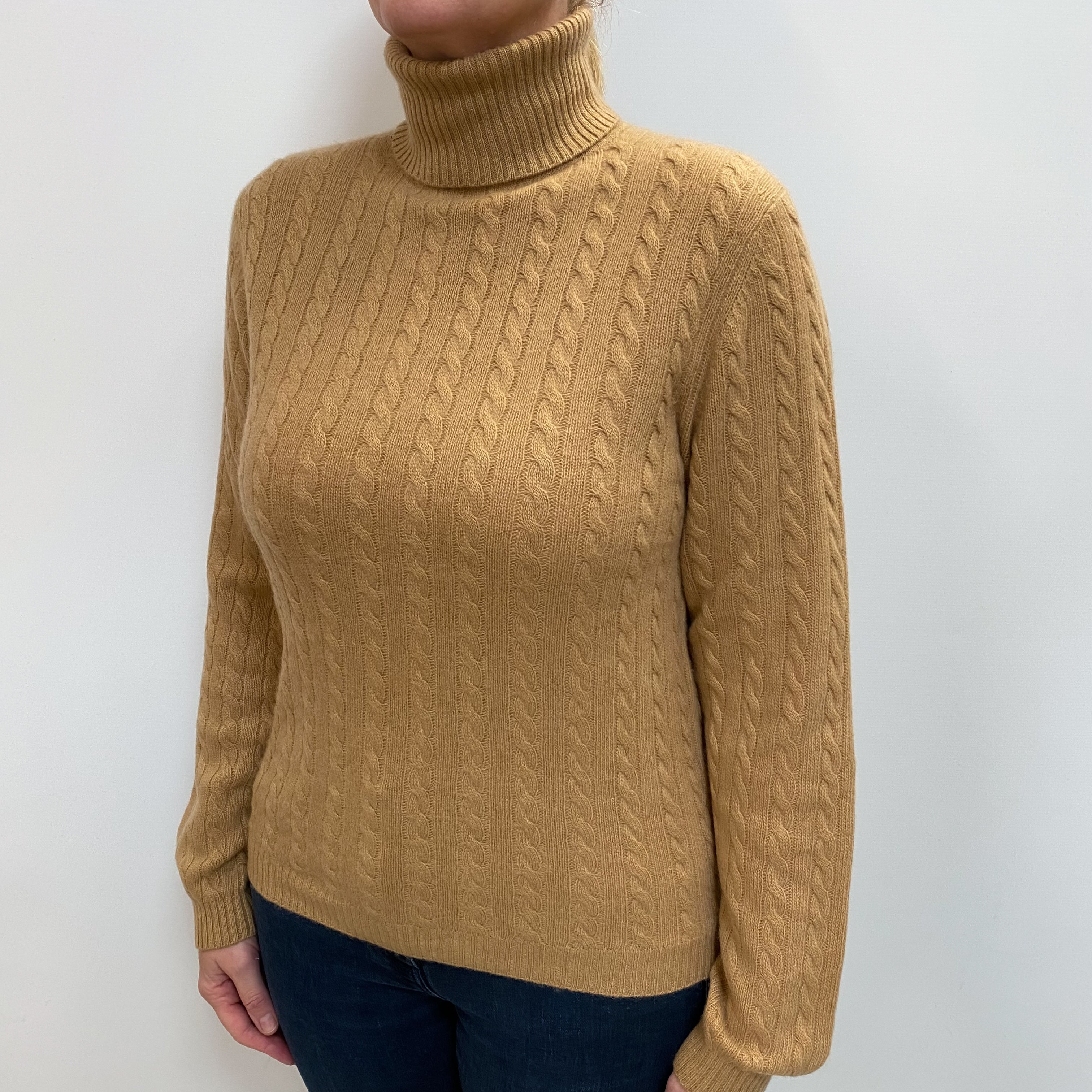 Caramel Brown Cable Cashmere Polo Neck Jumper Large