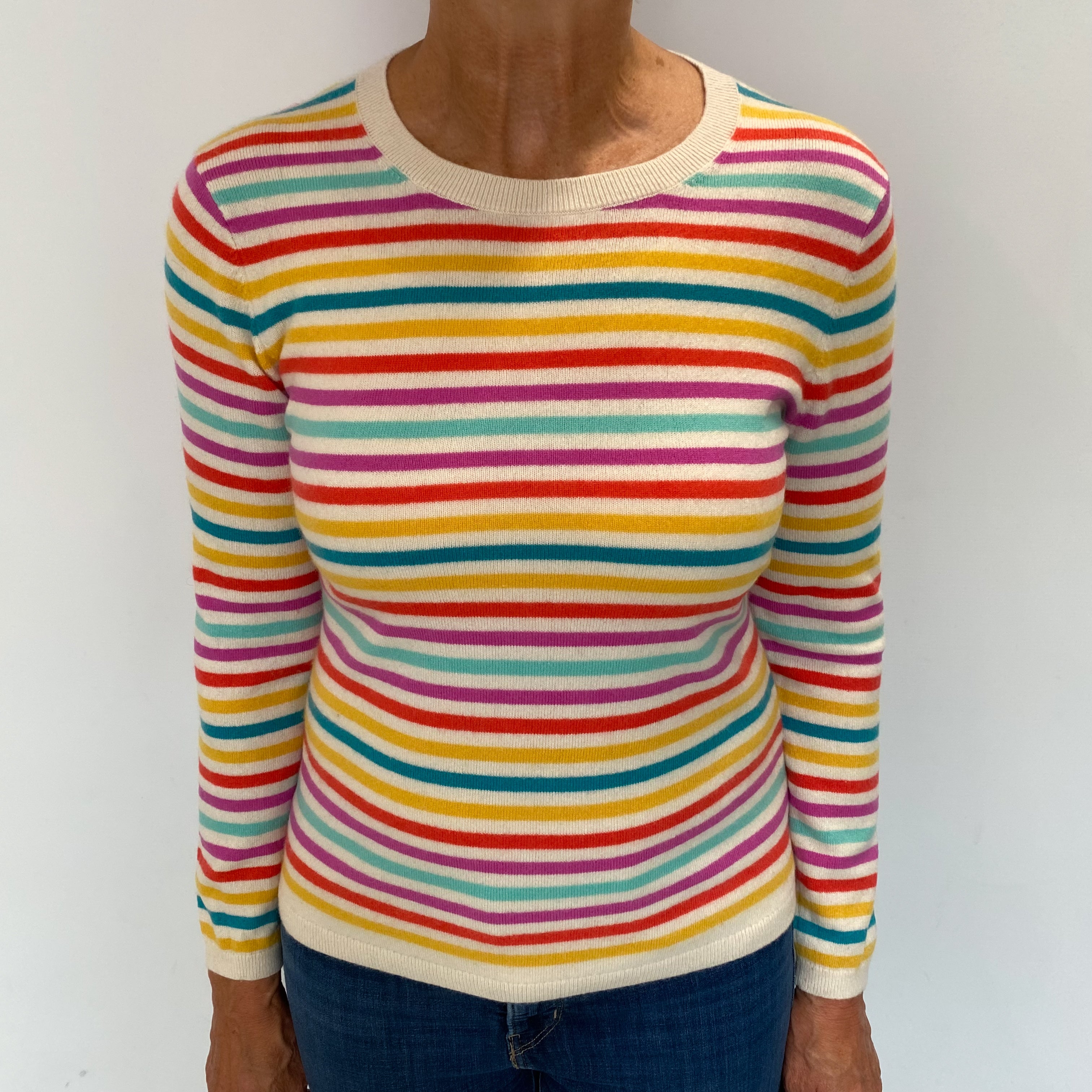 Cream Stripe Cashmere Crew Neck Jumper Medium