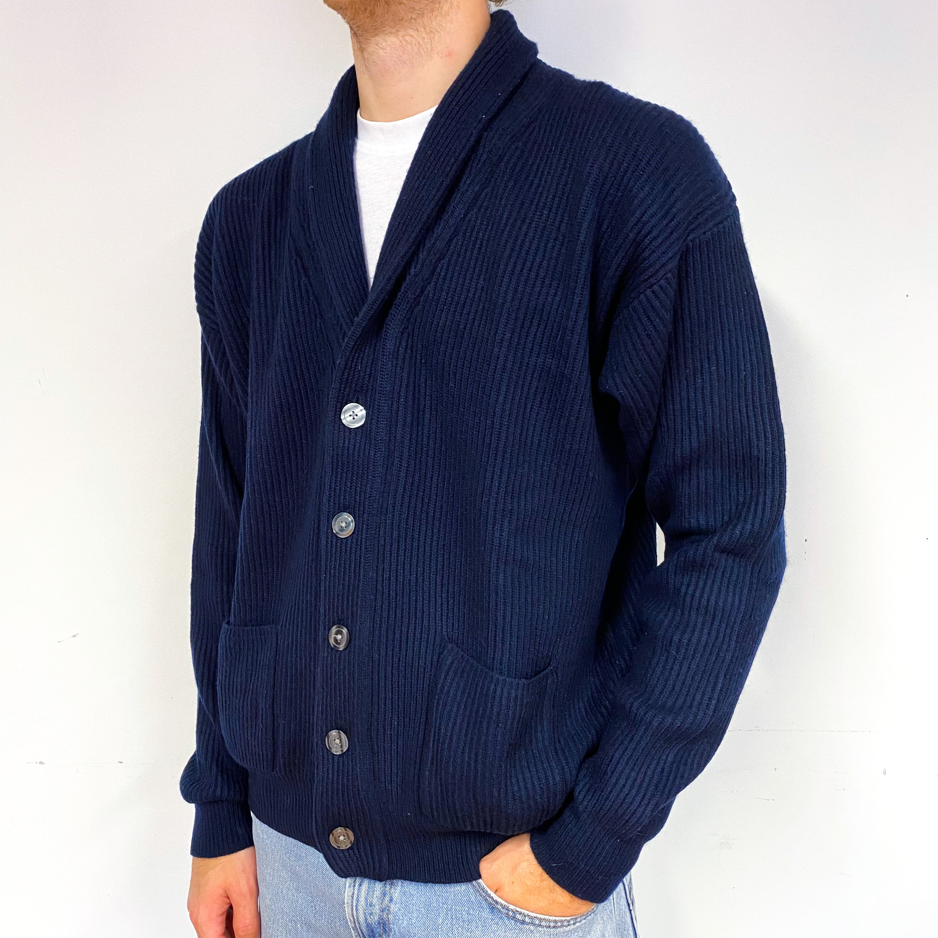 Men's Chunky Navy Blue Cashmere V-Neck Cardigan with Pockets Large