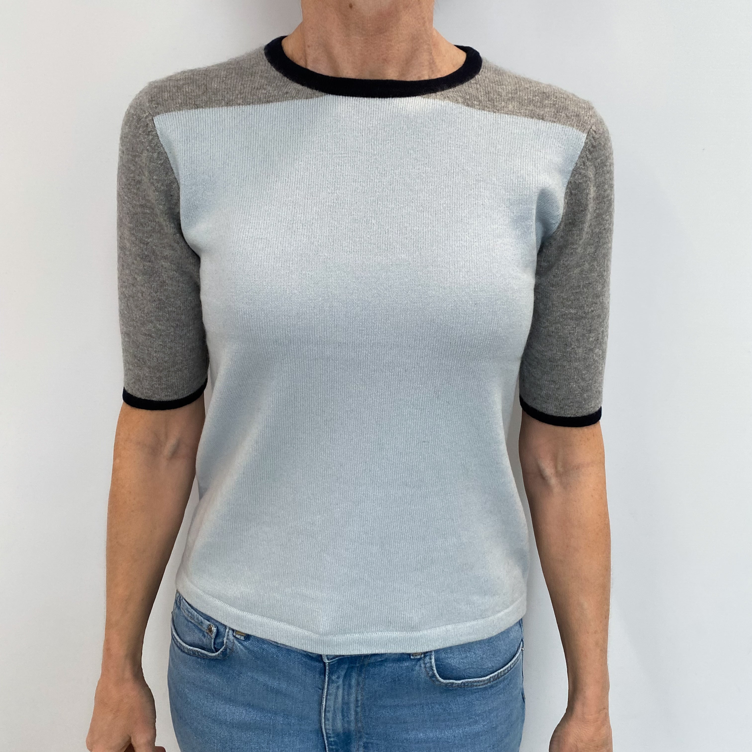 Pale Blue and Grey Cashmere Short Sleeved Navy Trim Jumper Small