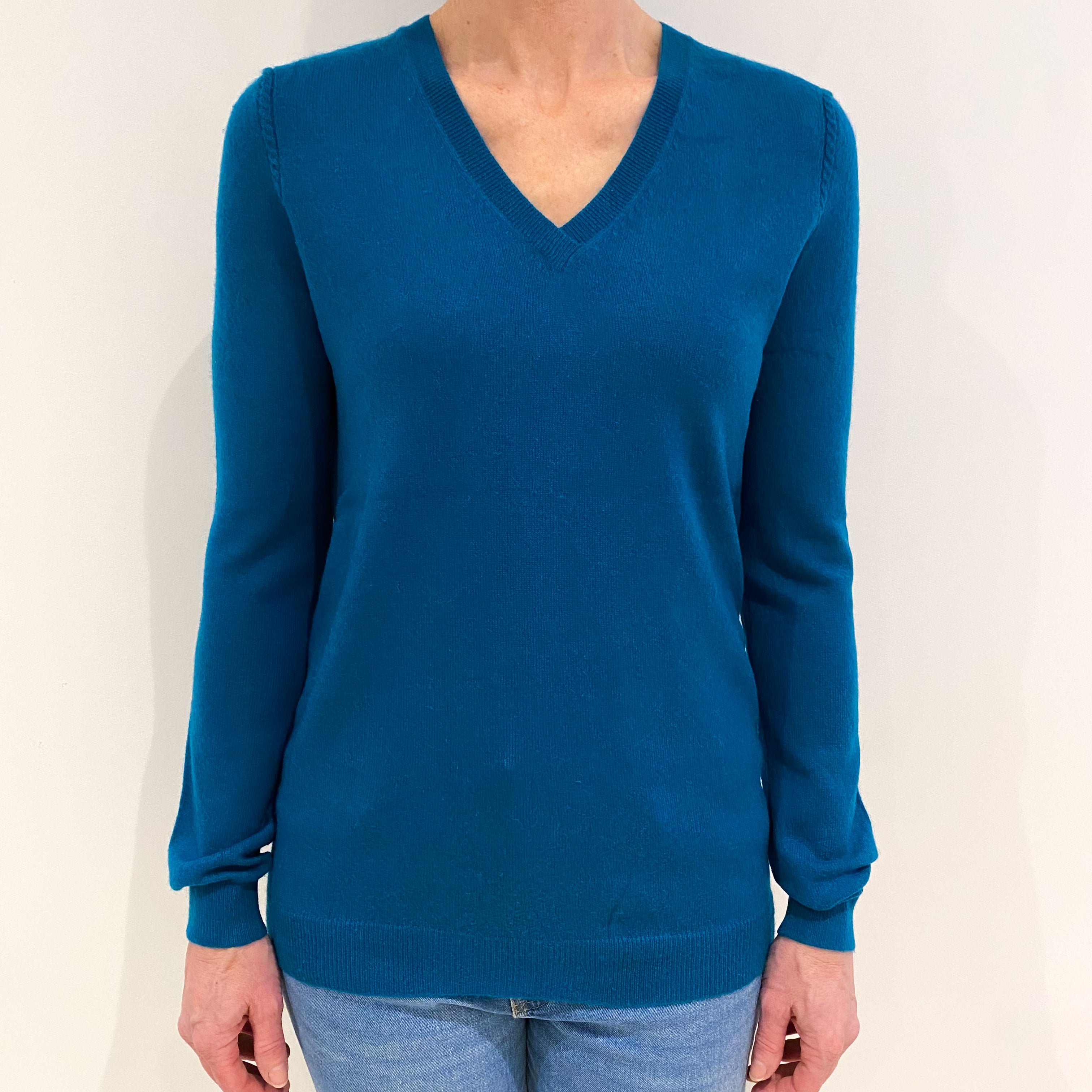 Teal Green Cashmere V Neck Jumper with Cable Detail on Top of Sleeve Small