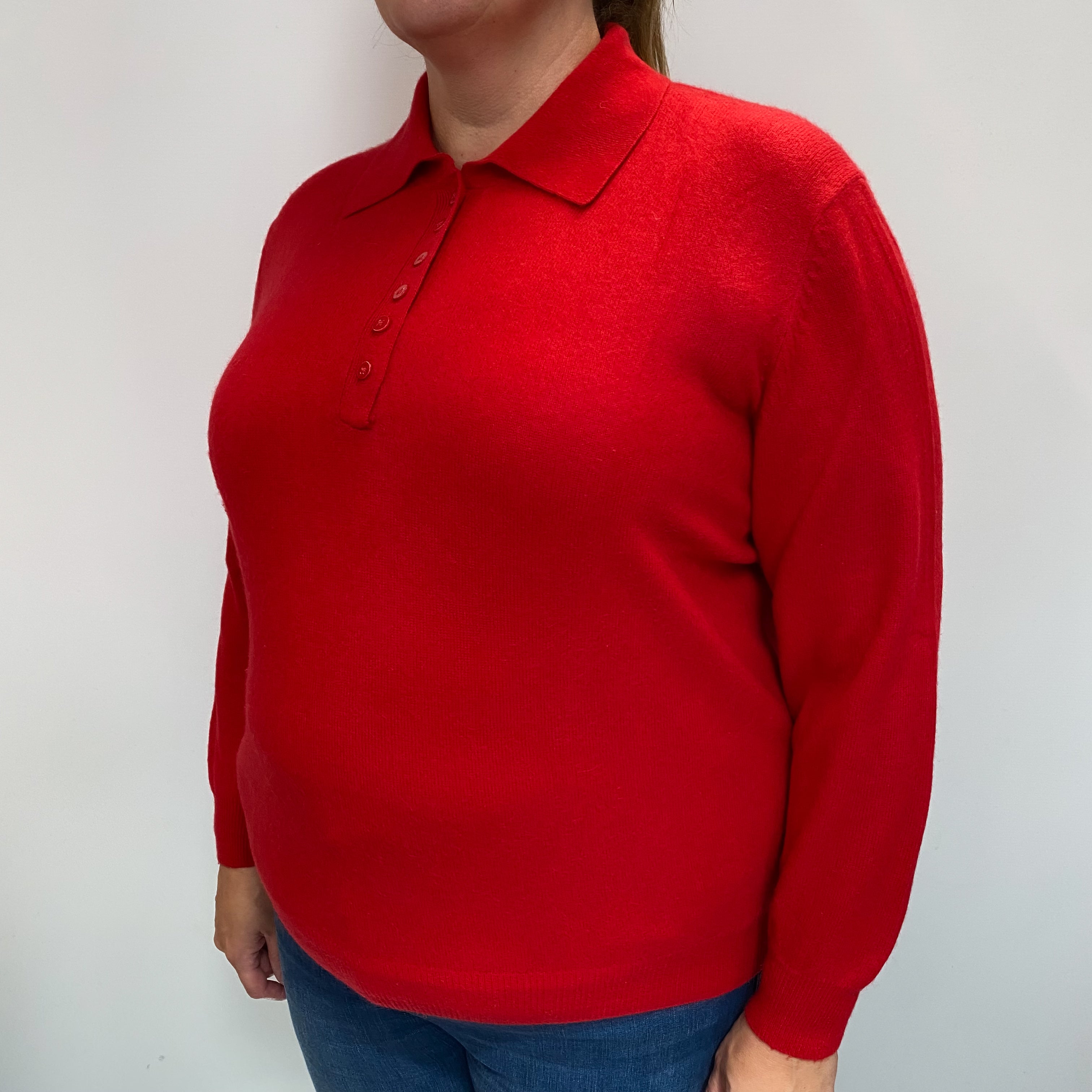 Tomato Red Cashmere Collared Quarter Button Jumper Extra Large