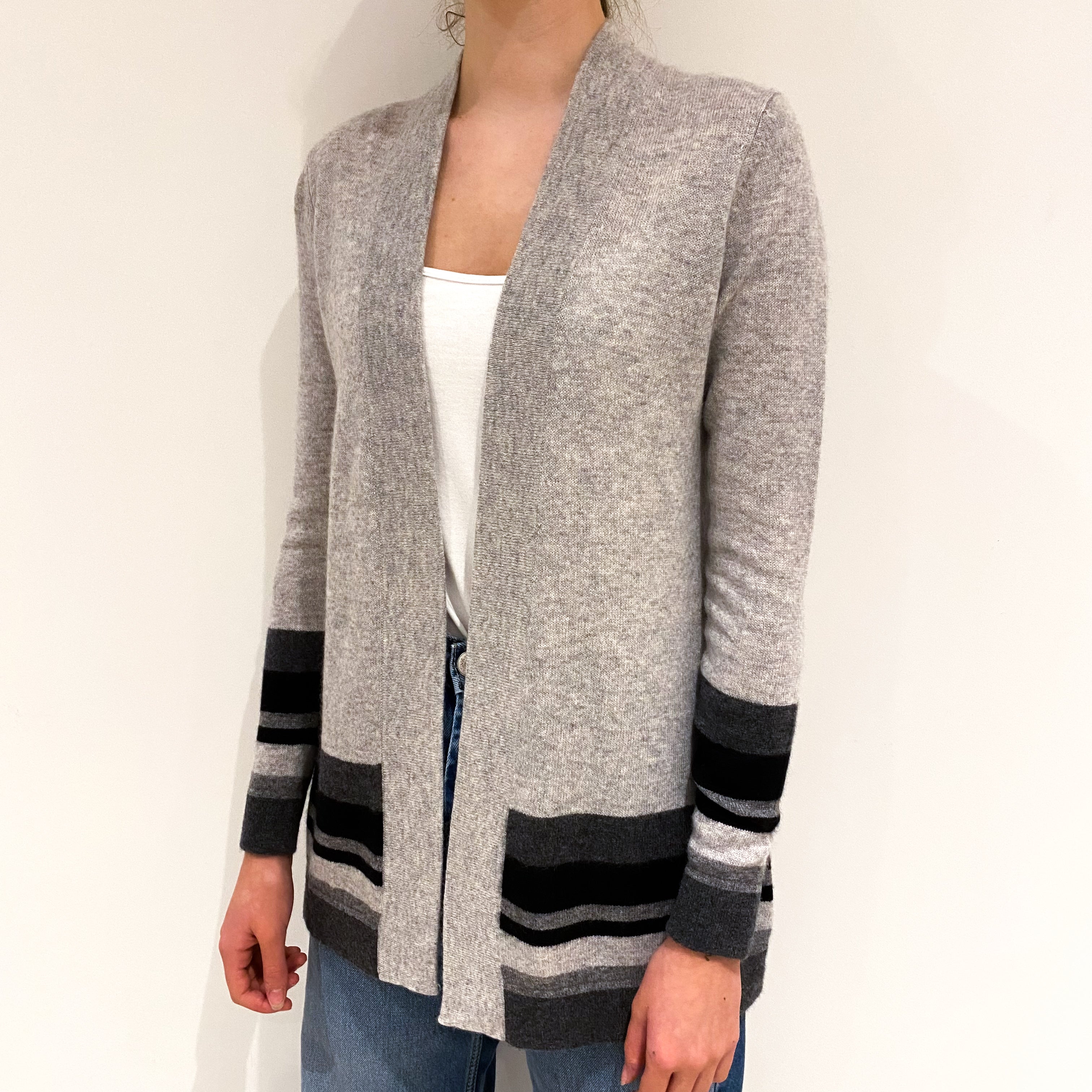 Light Grey Long Line Cashmere Edge to Edge Cardigan Extra Small