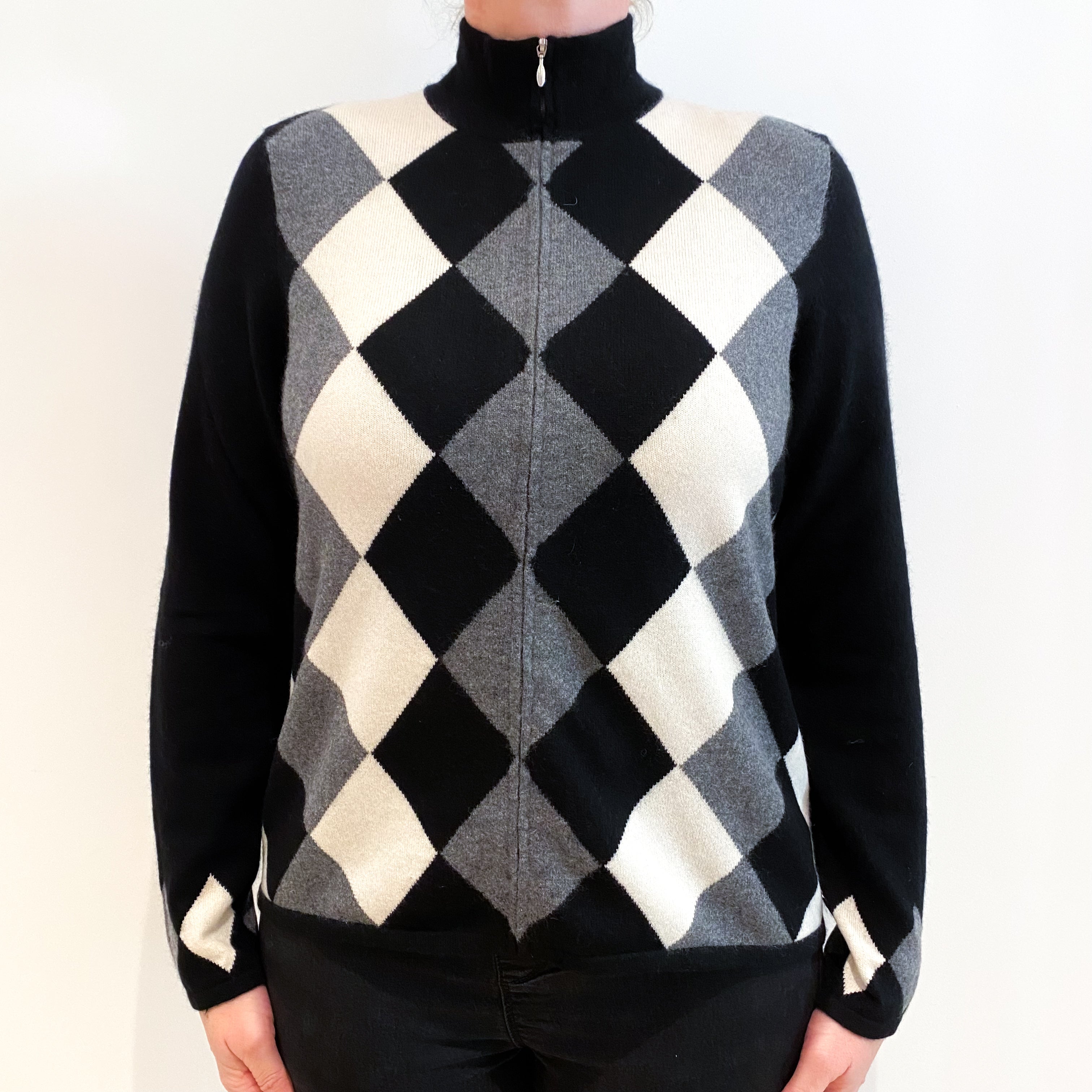 Black Diamond Pattern Cashmere Zip Up Cardigan Large
