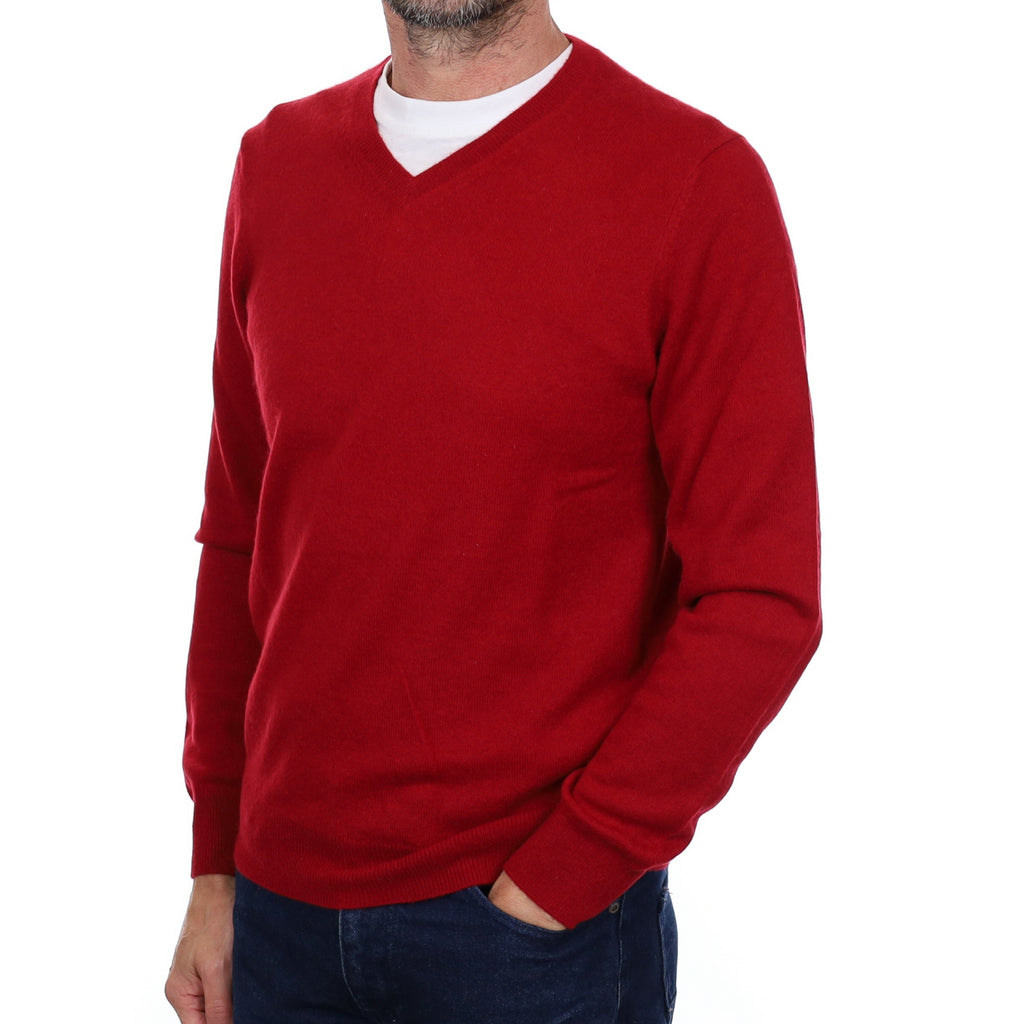 Men's Crimson Red Cashmere V Neck Jumper Small