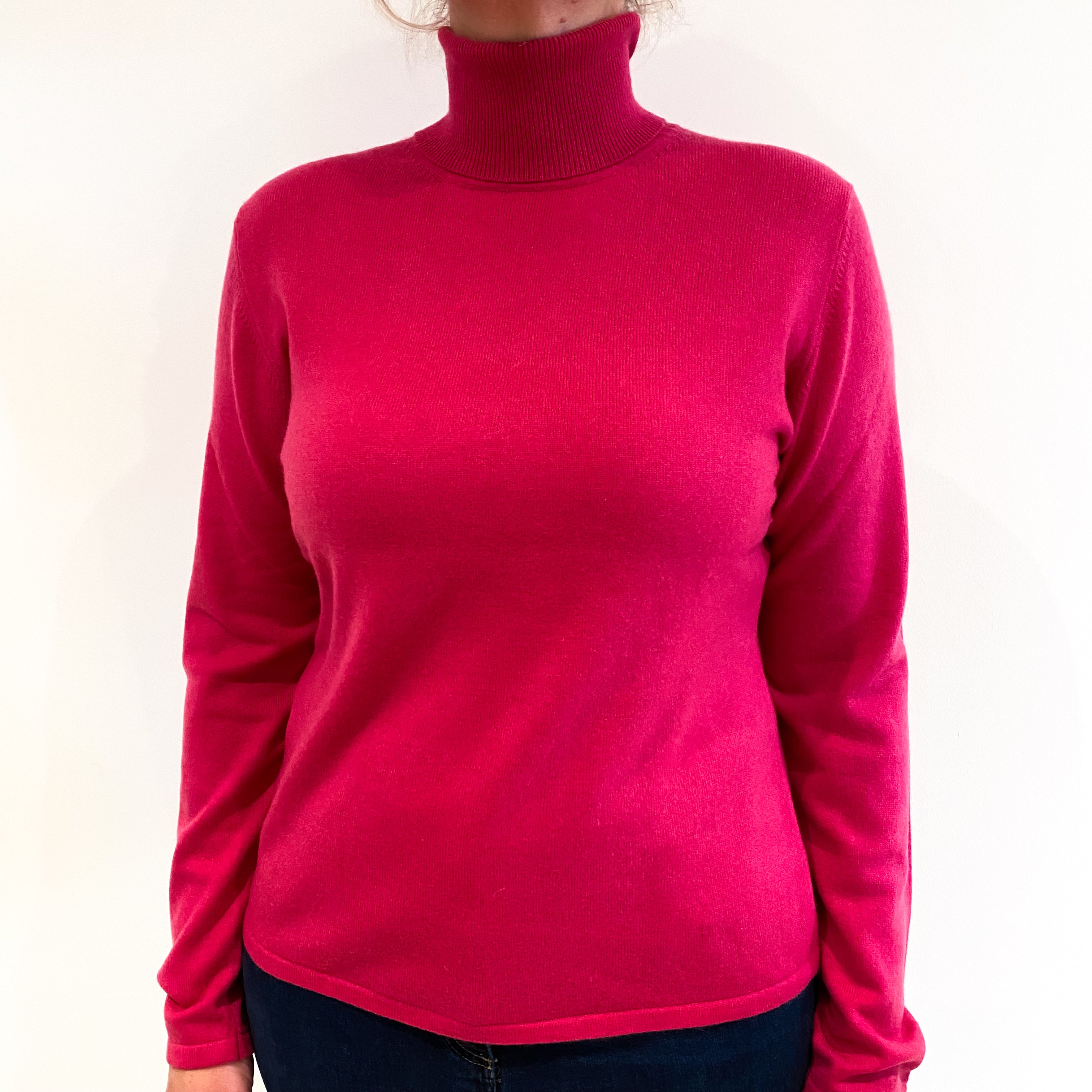Fuchsia Pink Cashmere Polo Neck Jumper Large