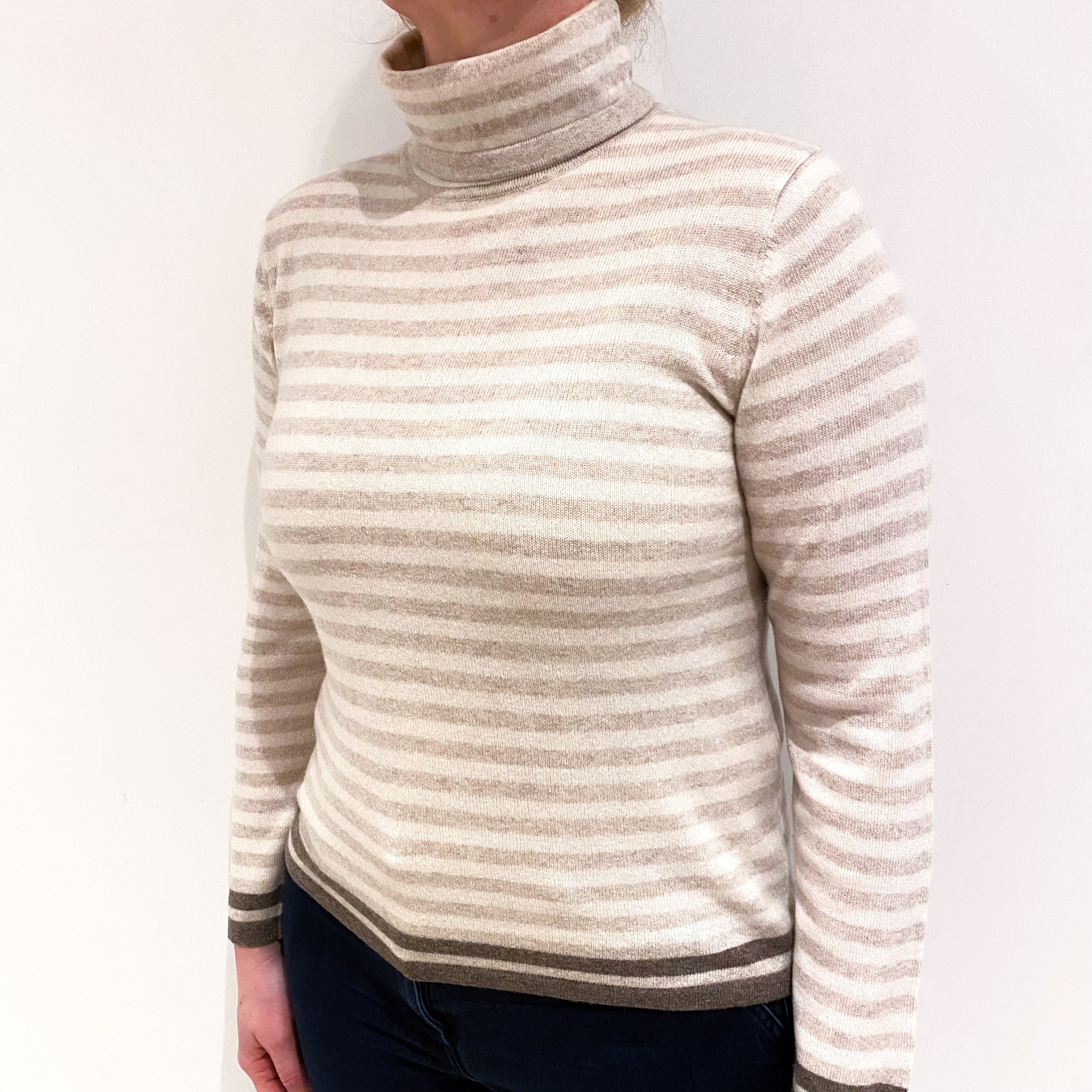 Cream and Biscuit Beige Stripe Cashmere Polo Neck Jumper Large
