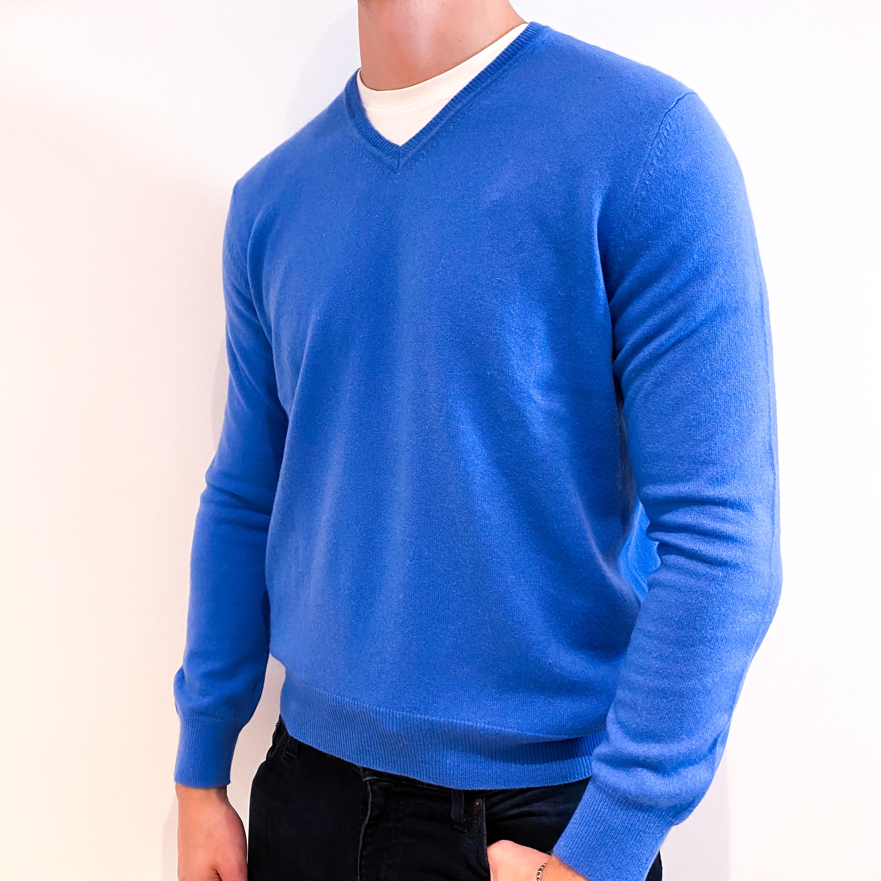Men's Cornflower Blue Cashmere V-Neck Jumper Extra Large