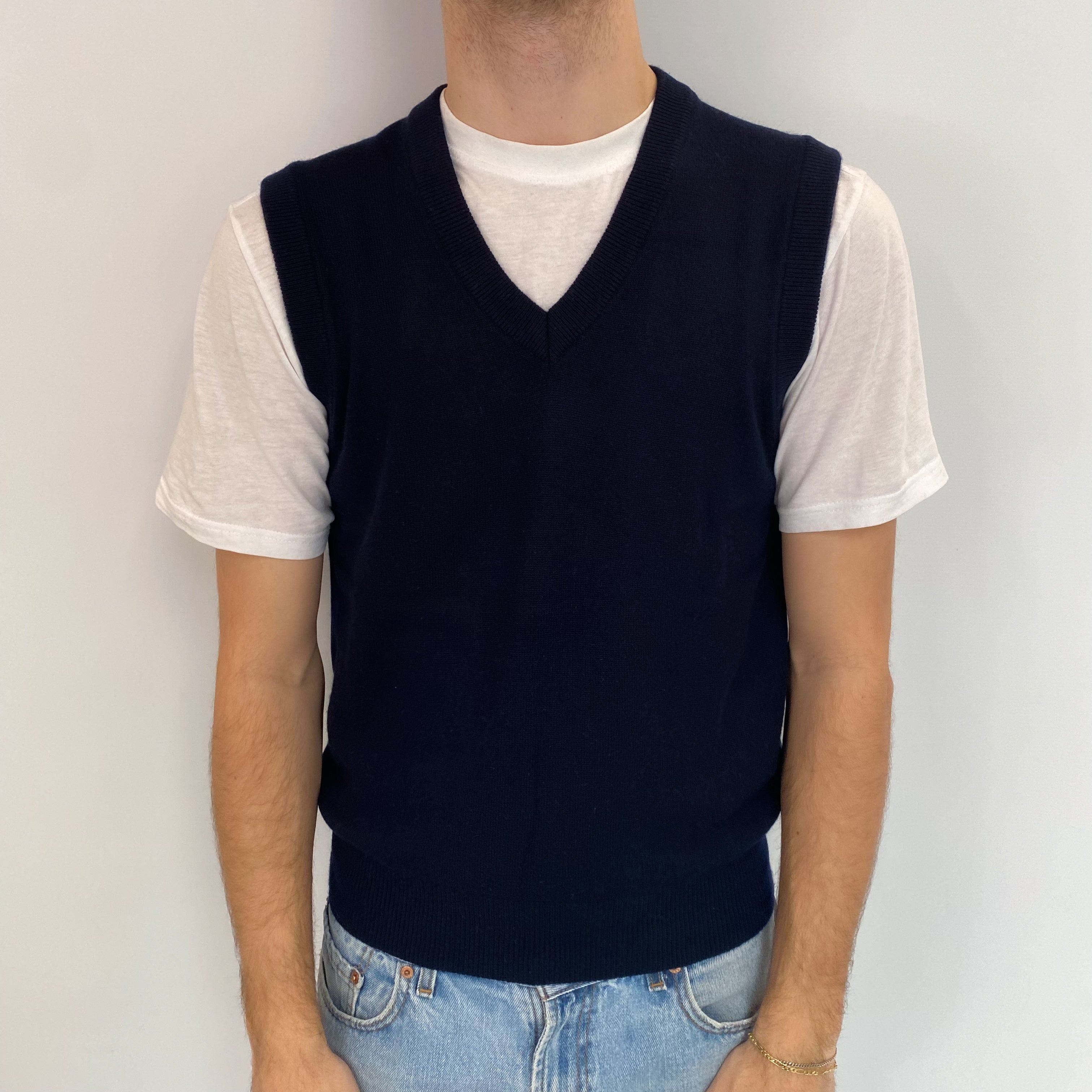 Men's Navy Cashmere V Neck Tank Top Medium