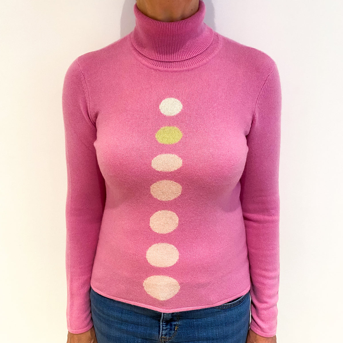 Bubblegum Pink With Dots Cashmere Polo Neck Jumper Medium