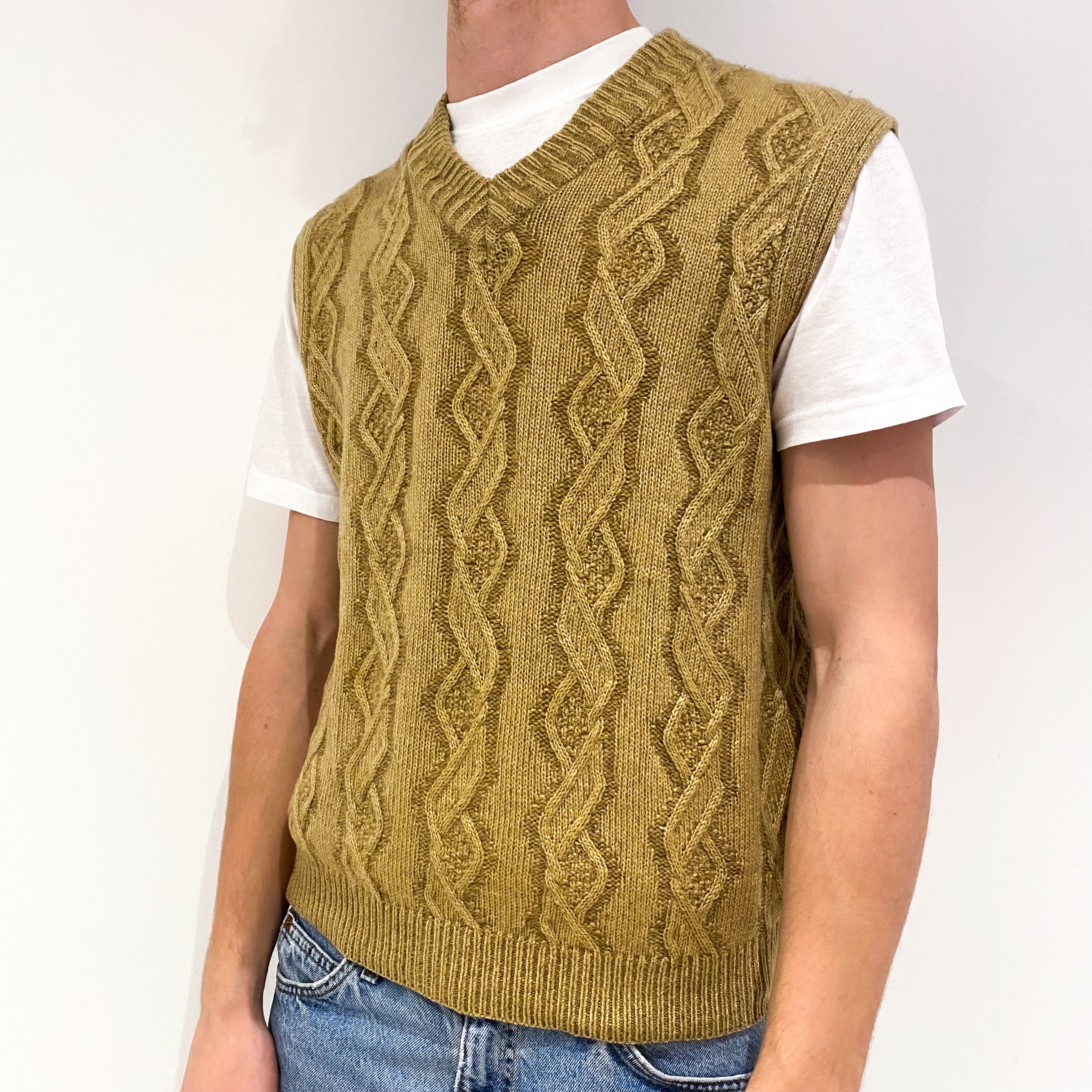 Men's Golden Brown Chunky Cable Cashmere V-Neck Jumper Vest Medium