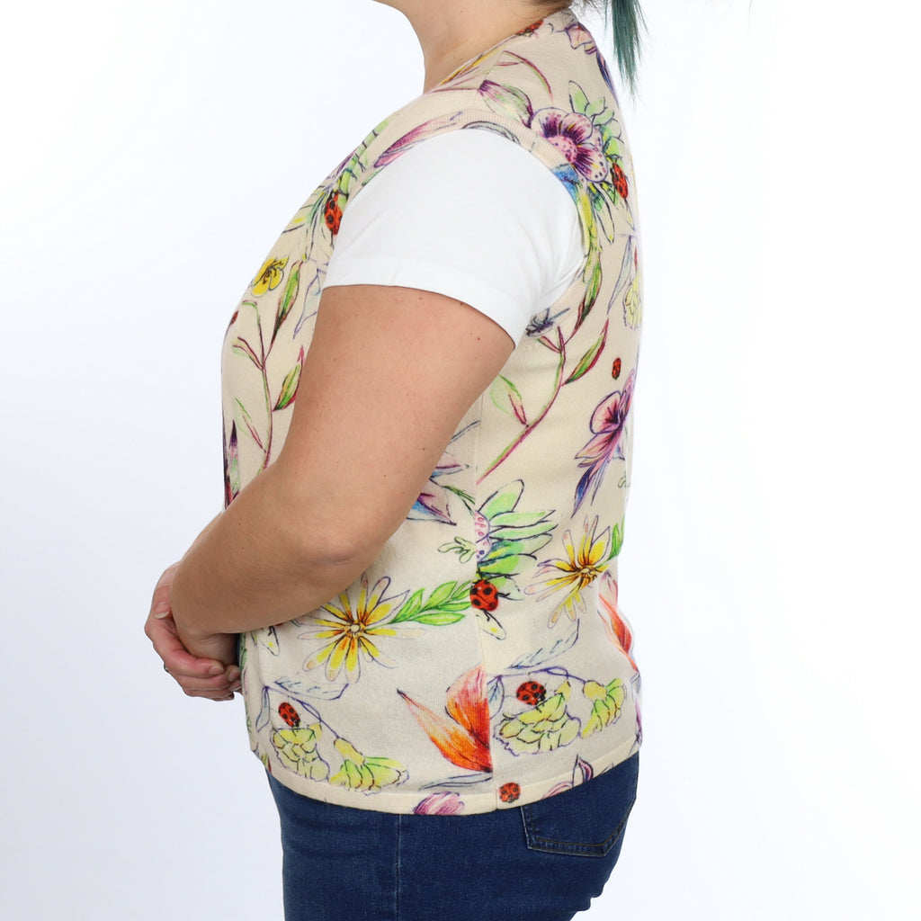Multicoloured Floral Cashmere Edge To Edge Sleeveless Cardigan Large