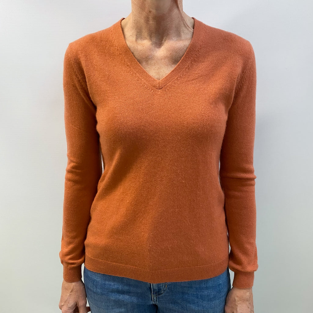 Terracotta Orange Cashmere V Neck Jumper Small