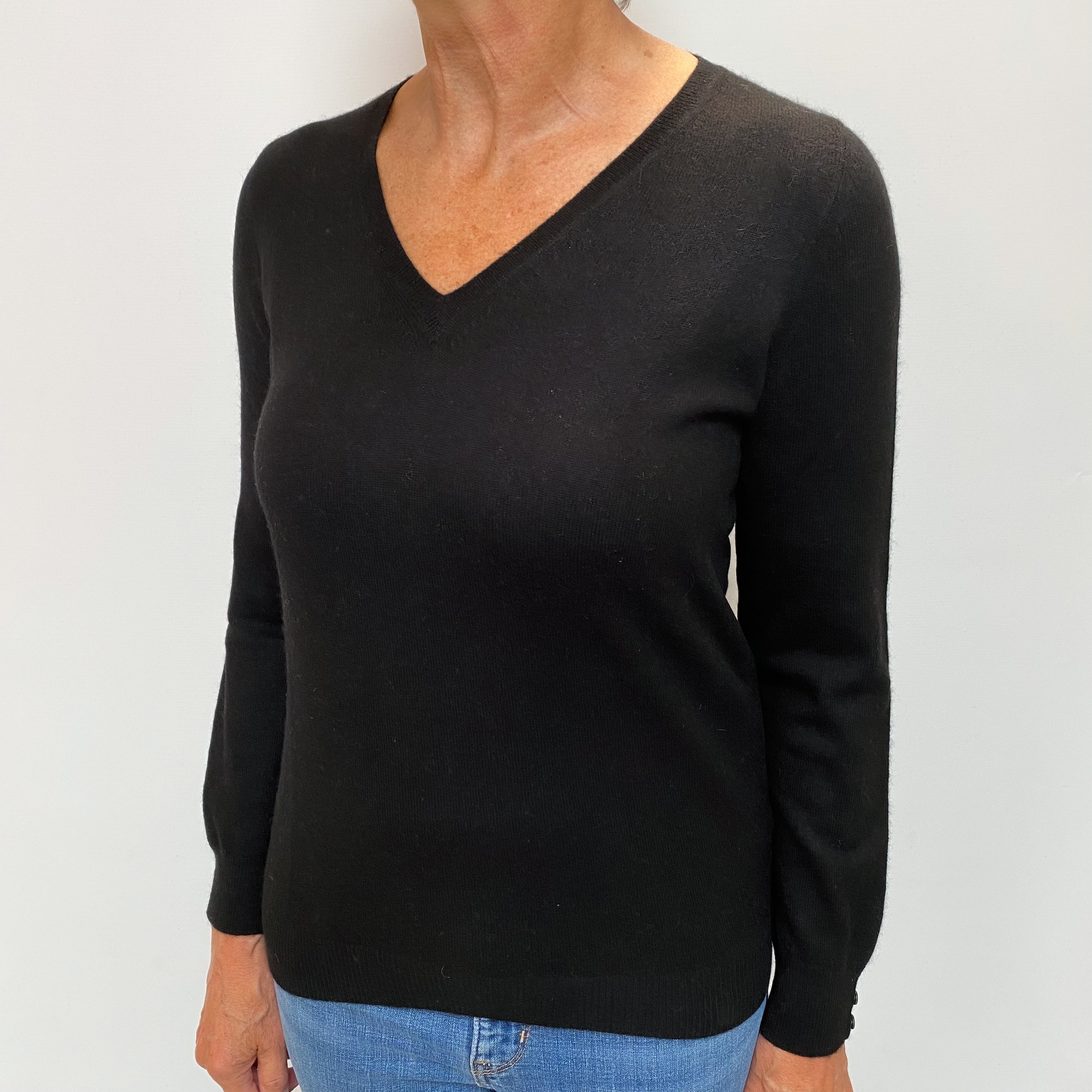 Black Cashmere Buttoned Cuff V Neck Jumper Medium