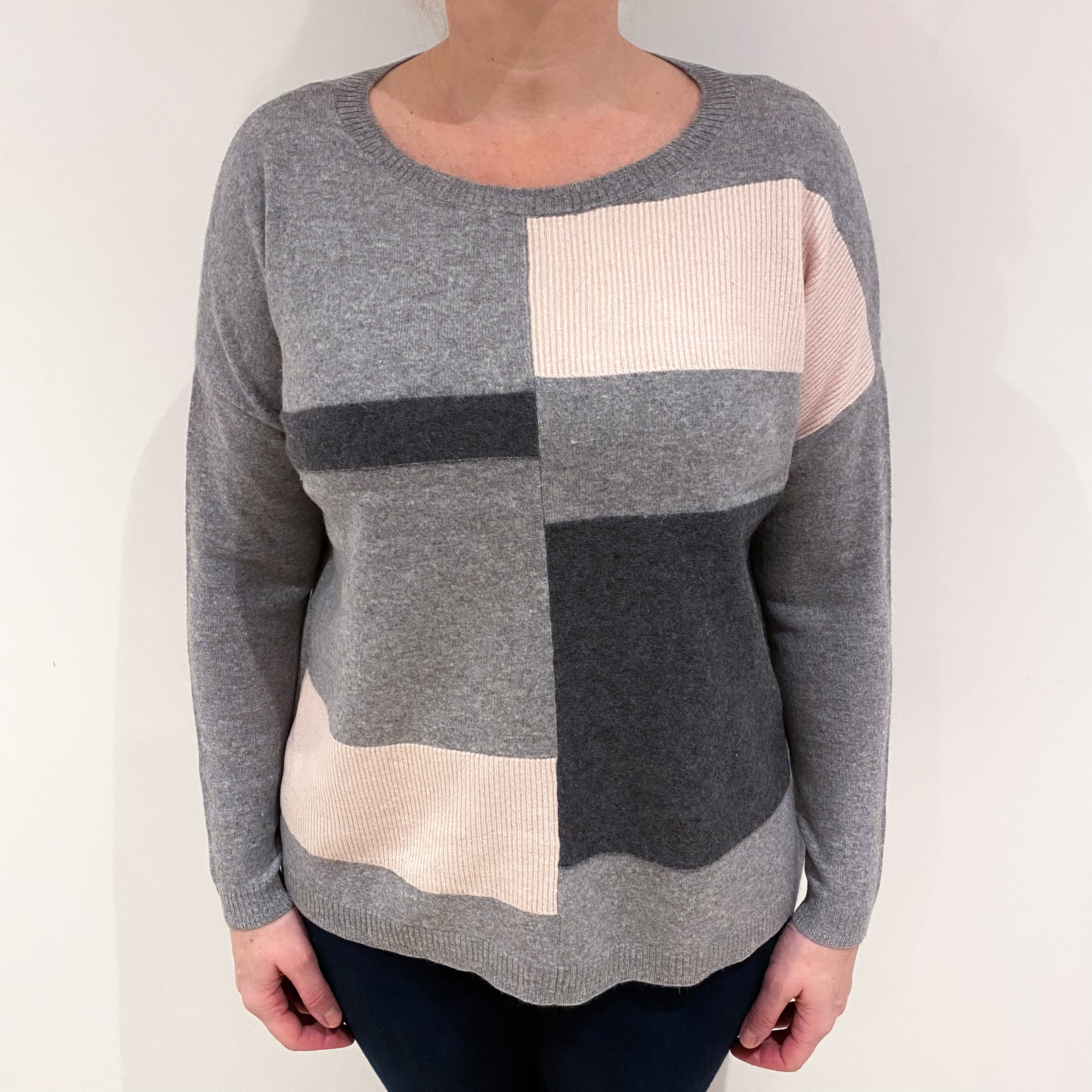 Grey and Pink Block Cashmere Slouchy Crew Neck Jumper Large