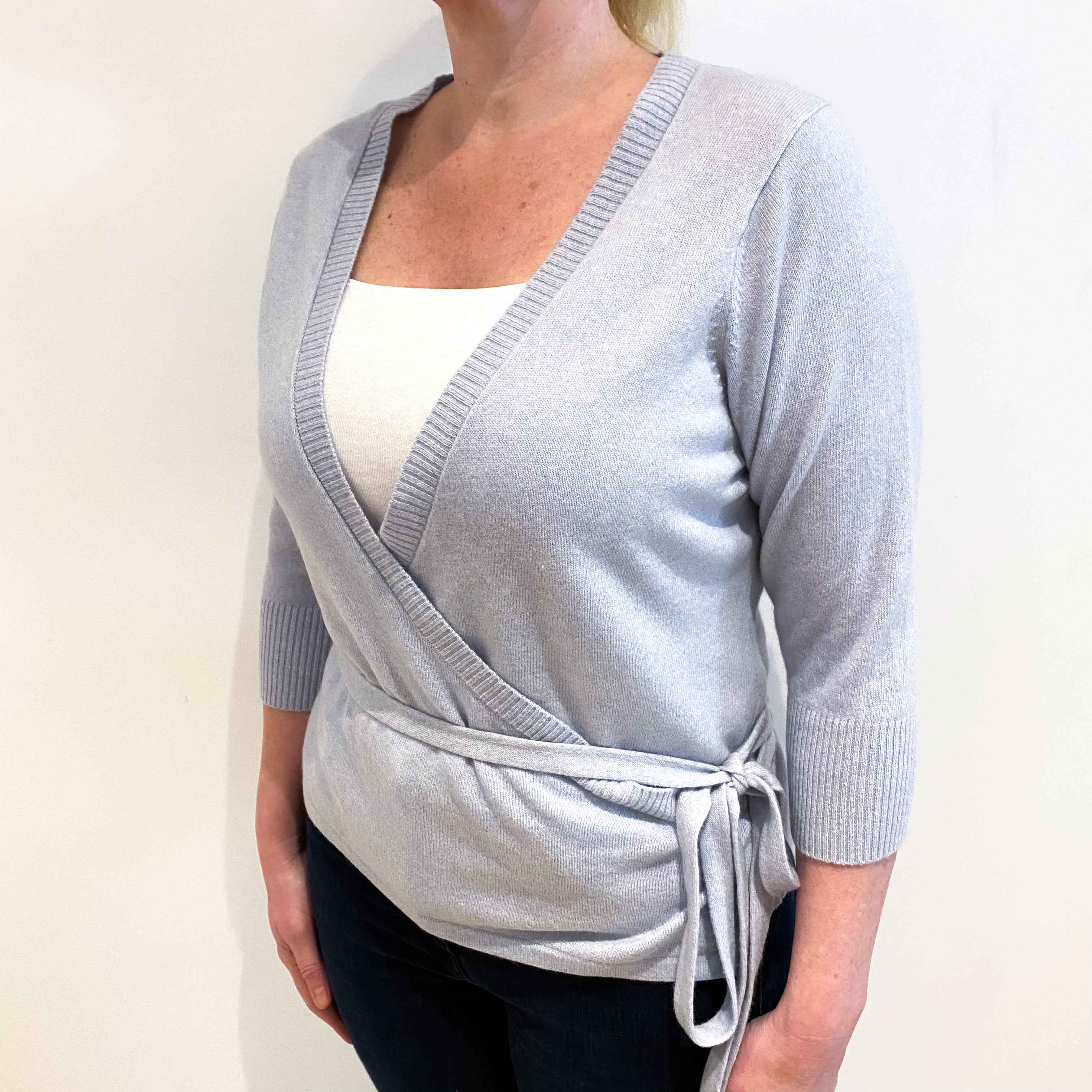 Ice Blue Cashmere V Neck Tie Wrap Around Cardigan Large