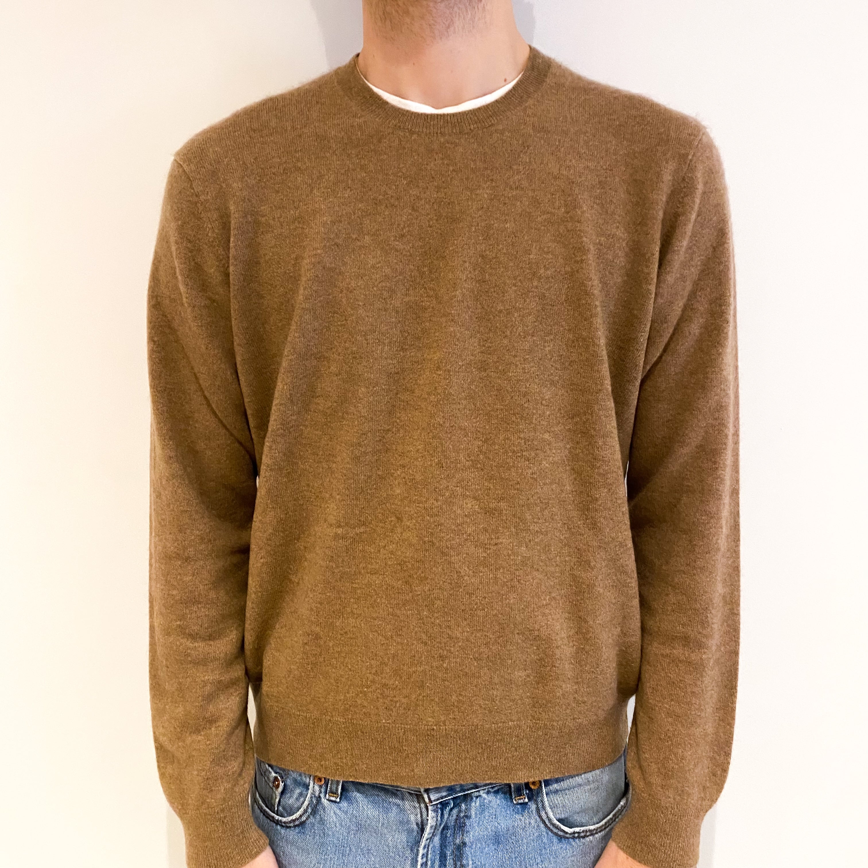 Men's Butterscotch Brown Cashmere Crew Neck Jumper Large