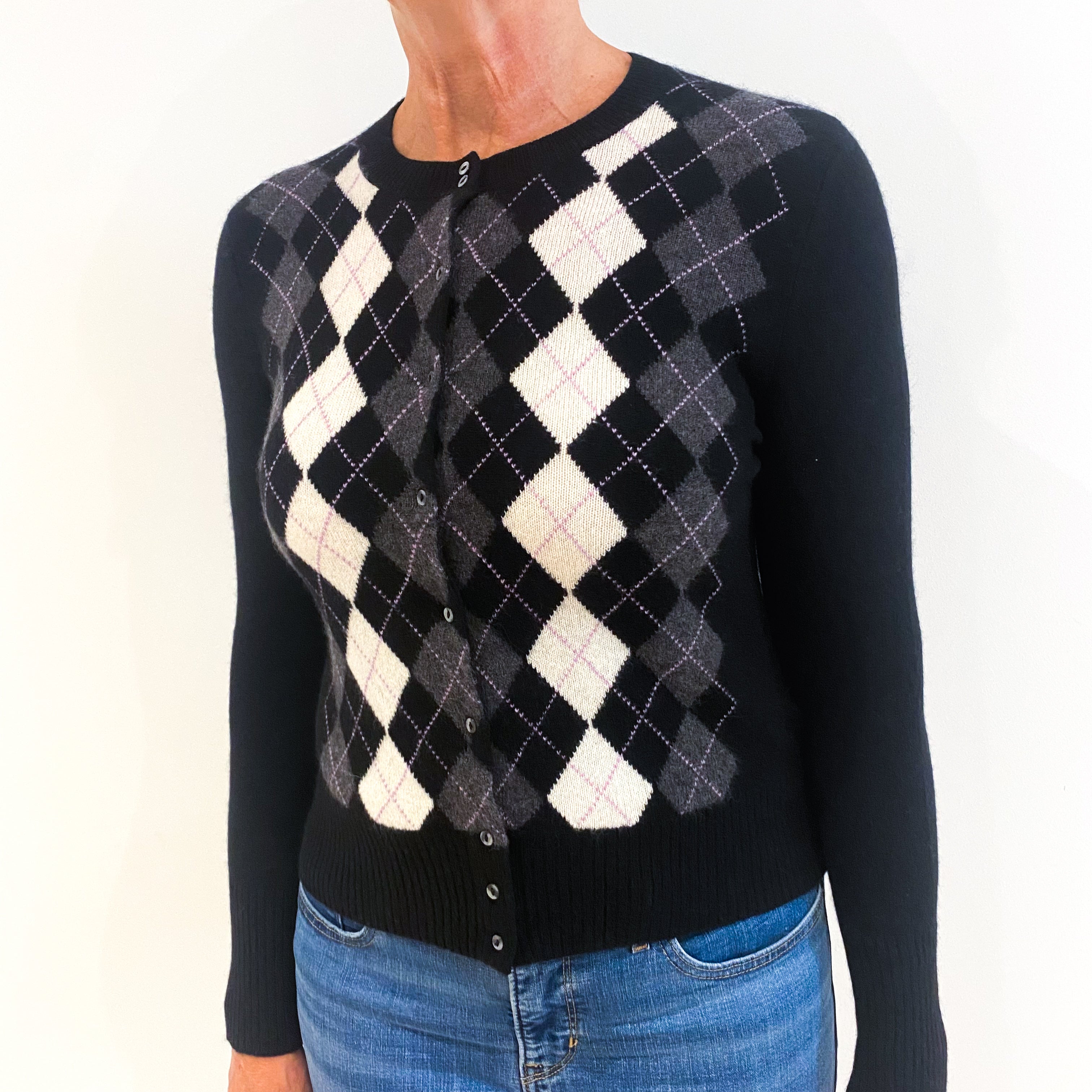Black, Grey and Cream Argyle Cashmere Crew Neck Cardigan Medium