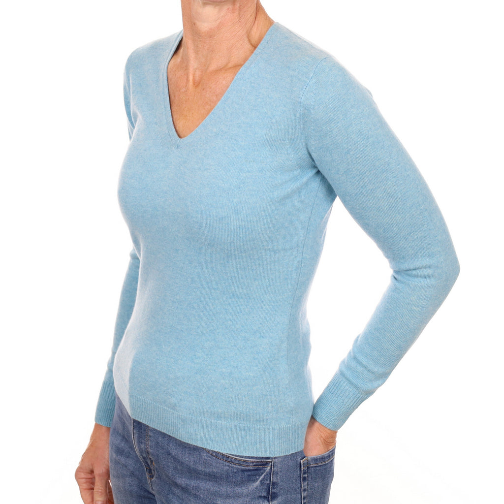 New Opal Blue Cashmere V Neck Jumper Small