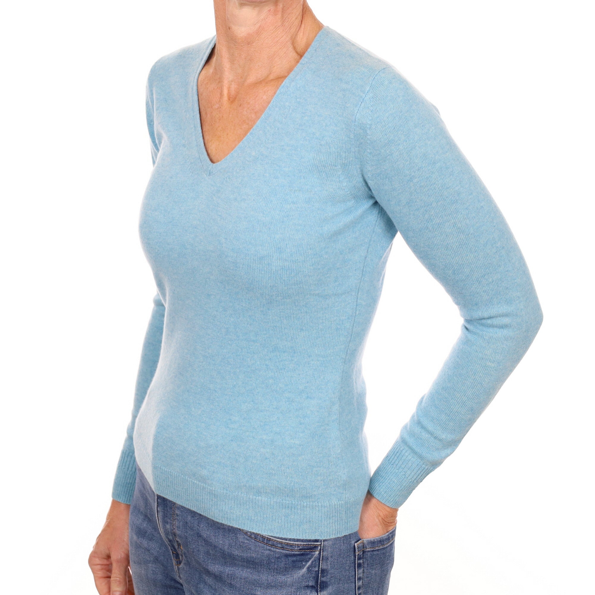 New Opal Blue Cashmere V Neck Jumper Small