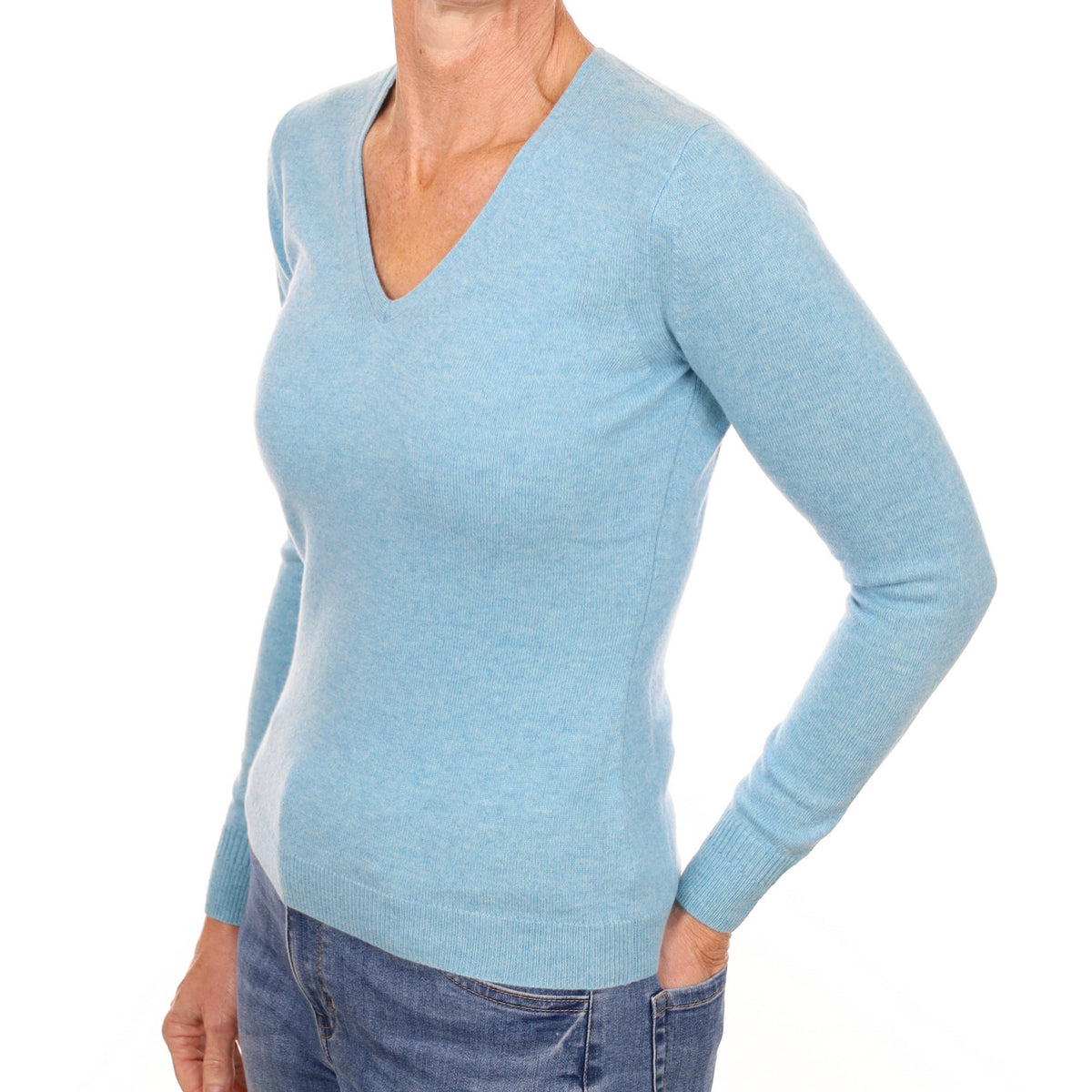 New Opal Blue Cashmere V Neck Jumper Small