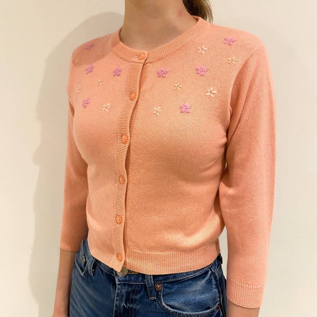 Peach Pink Floral Cashmere Crew Neck Cardigan Extra Small