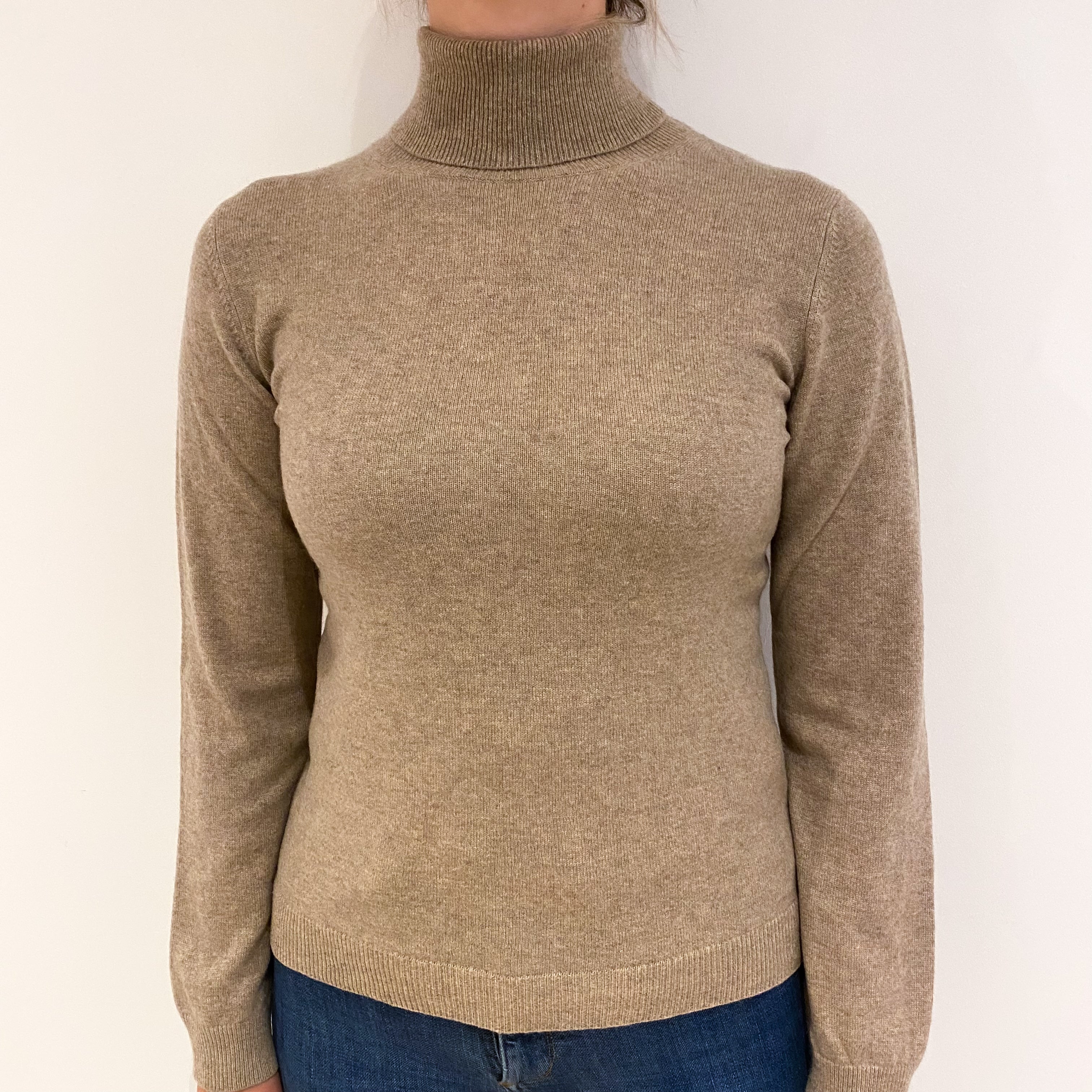 Taupe Brown Cashmere Polo Neck Jumper Small