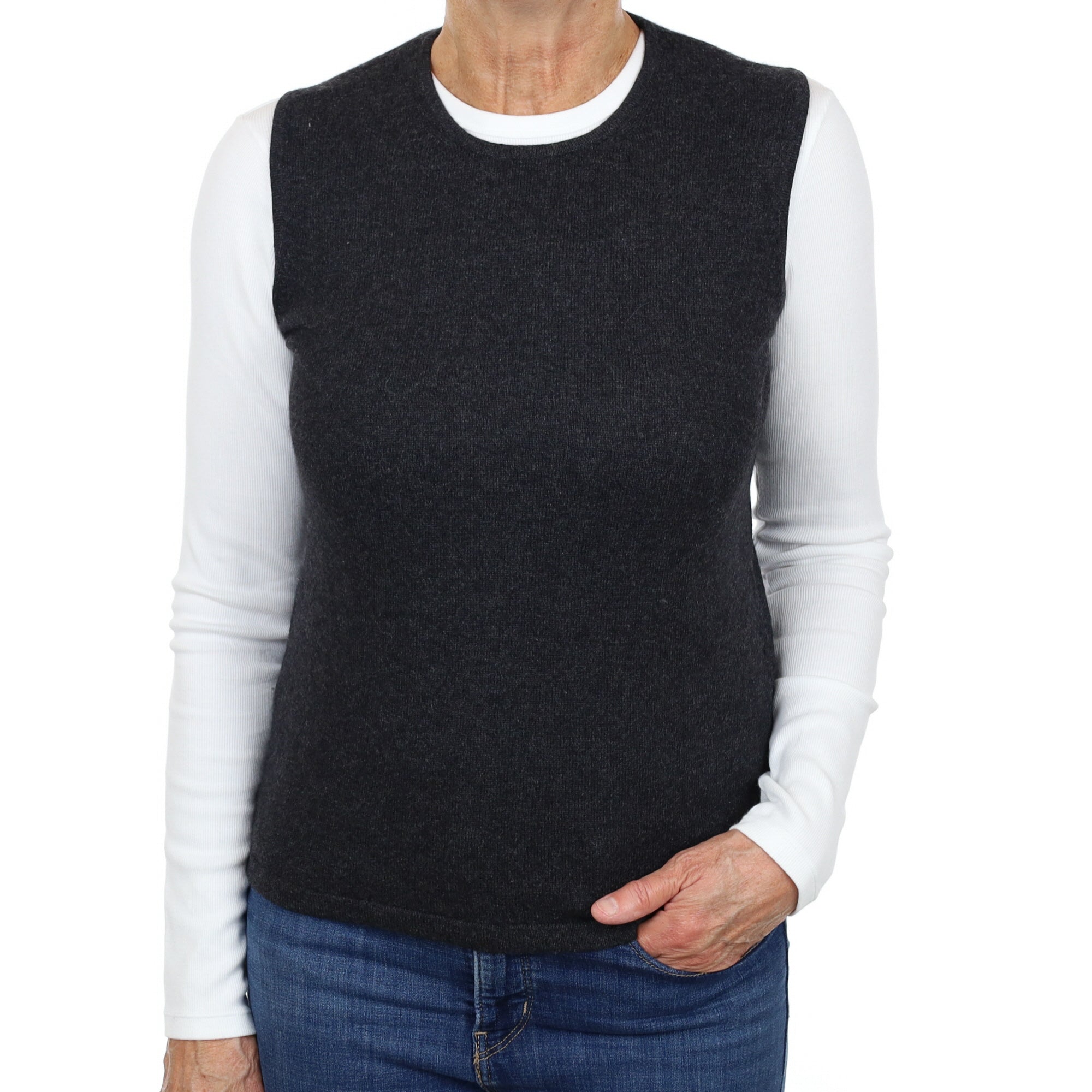 Charcoal Grey Cashmere Crew Neck Tank Top Medium