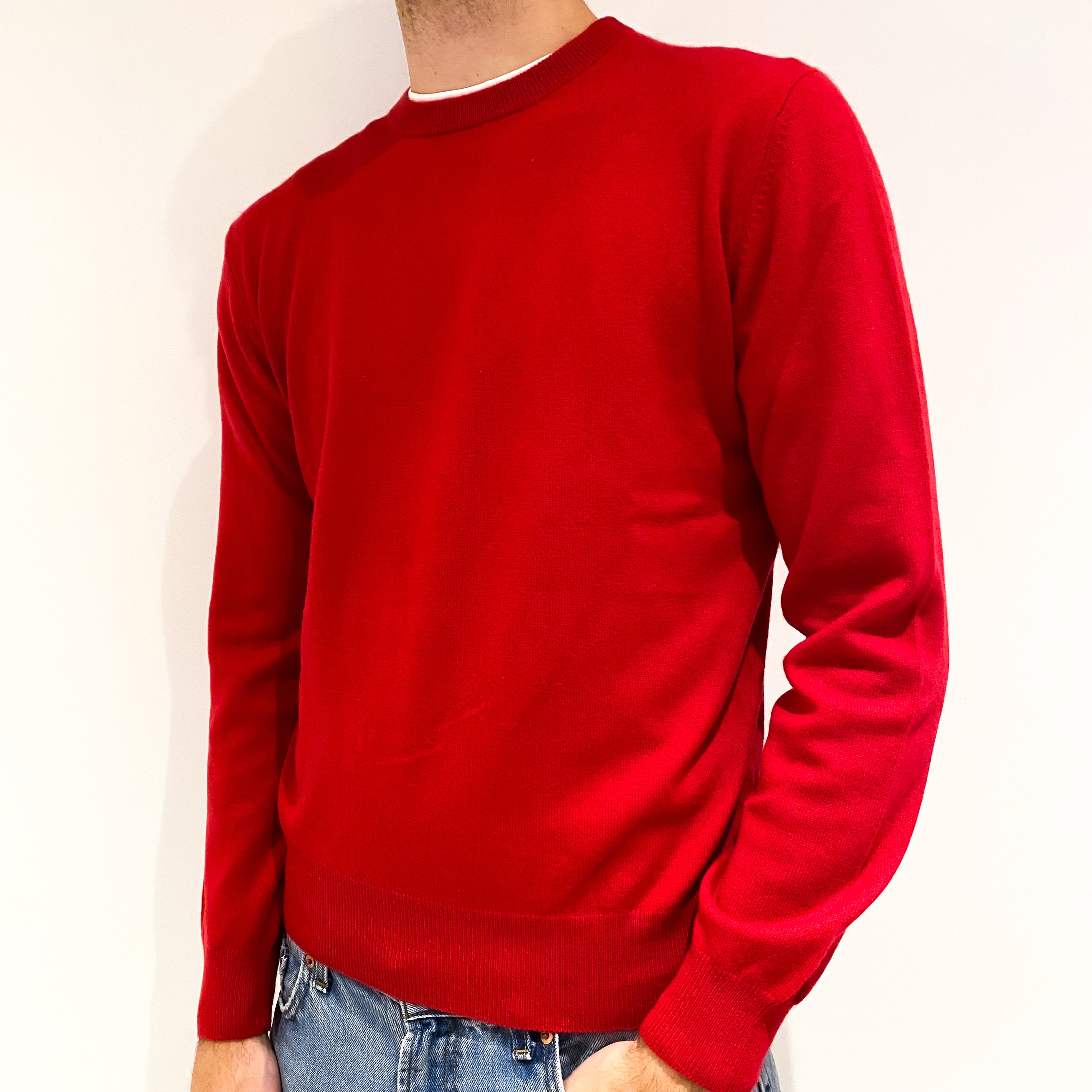 Men's Post Box Red Cashmere Crew Neck Jumper Medium