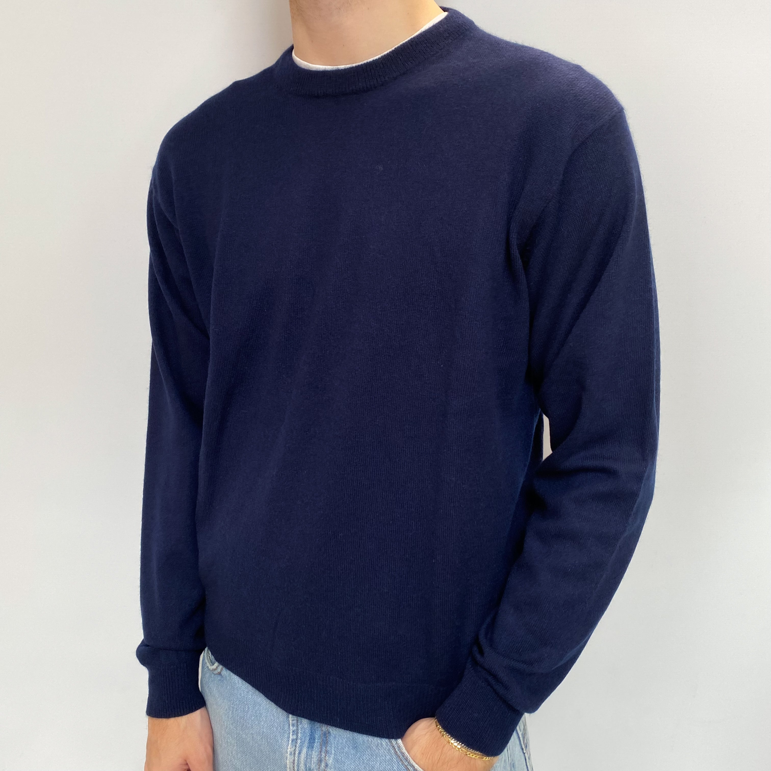 Men's Navy Blue Cashmere Crew Neck Jumper Large