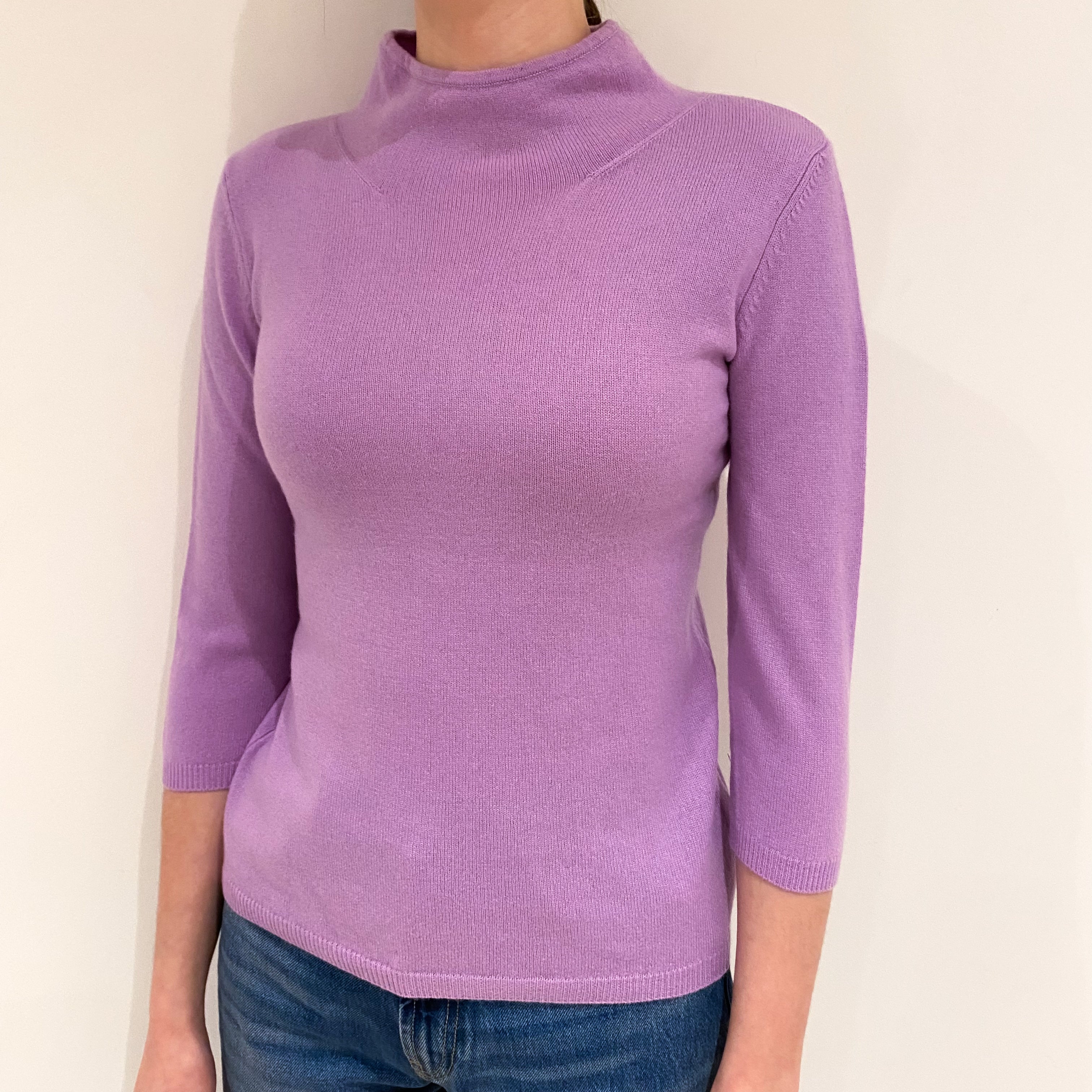 Lilac Purple 3/4 Sleeve Cashmere Funnel Neck Jumper Extra Small
