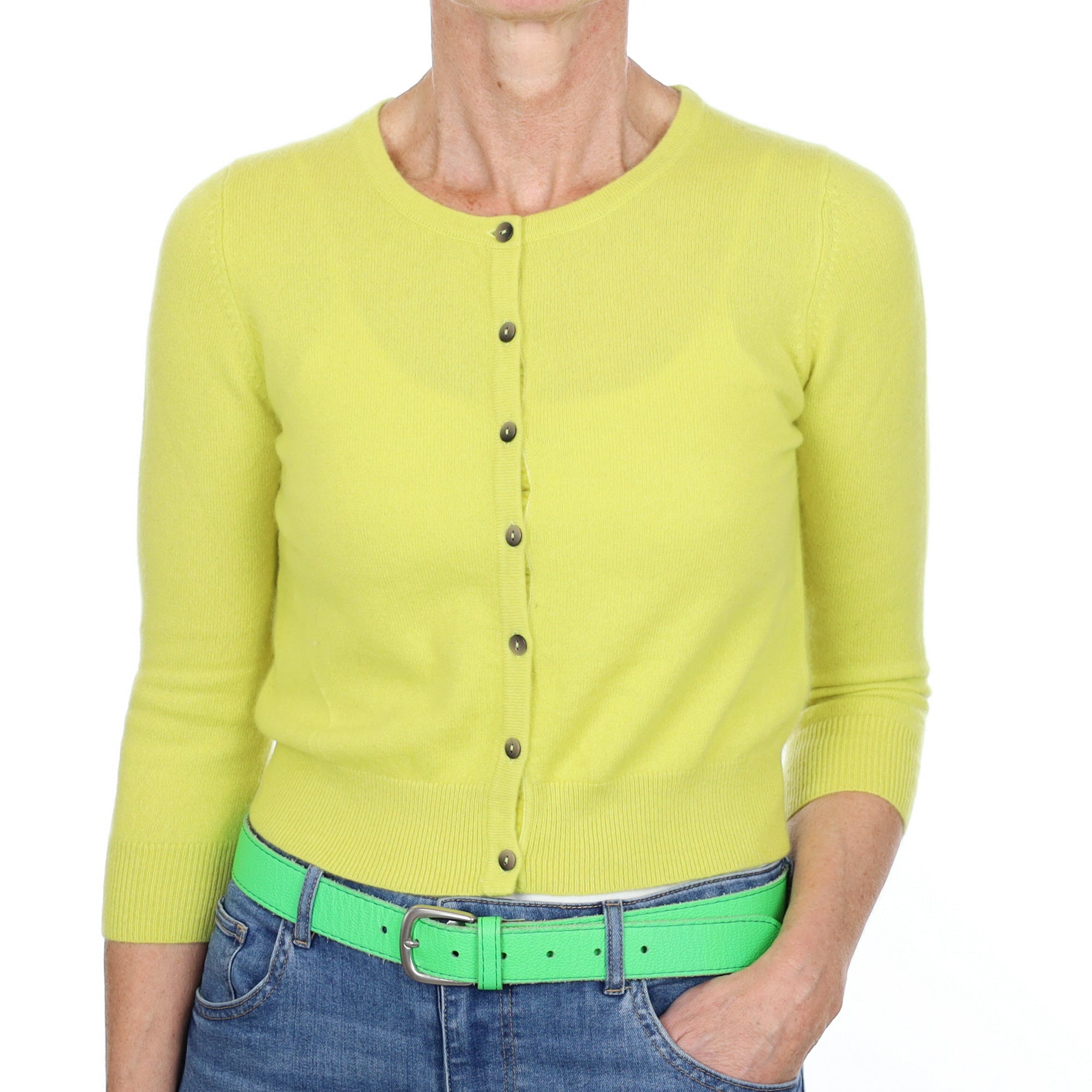 Chartreuse Yellow Cashmere Cropped Crew Neck Cardigan Small