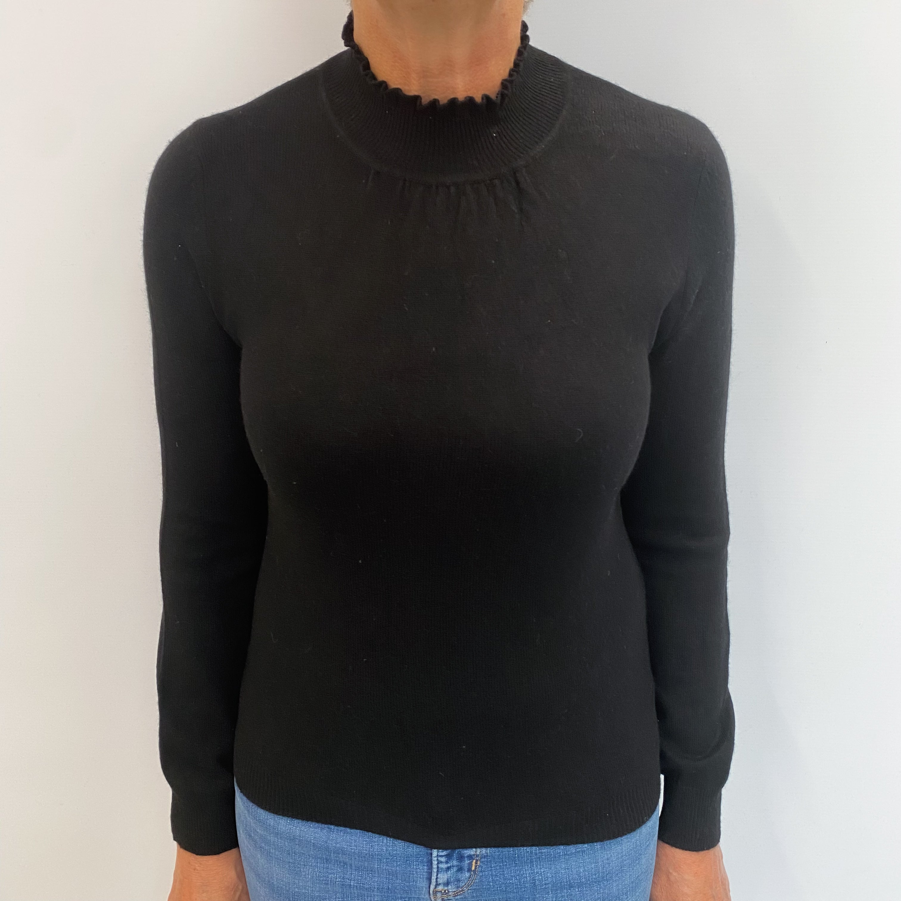 Black Cashmere Frilled Polo Neck Jumper Medium