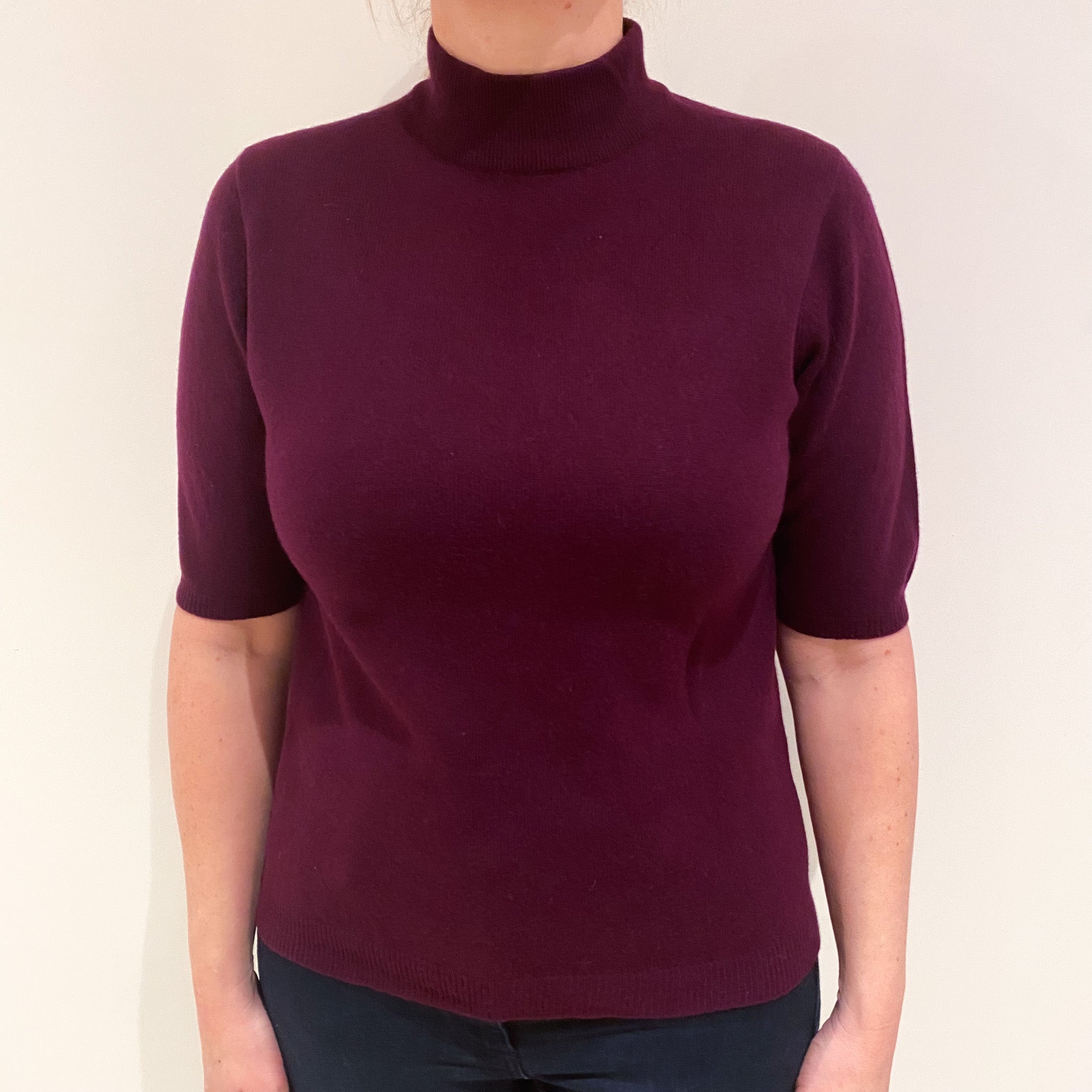 Mulberry Purple Cashmere Short Sleeve Polo Neck Jumper Large